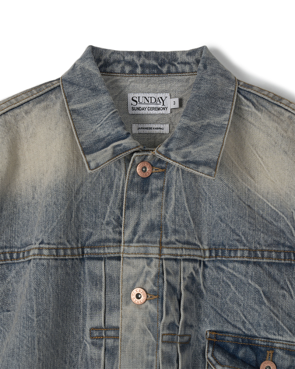 선데이세레머니 재패니즈 데님 타입1 트러커 자켓 - 에이징 블루(Sunday Ceremony Japanese Denim Type-1 Trucker Jacket - Aging Blue) - 2