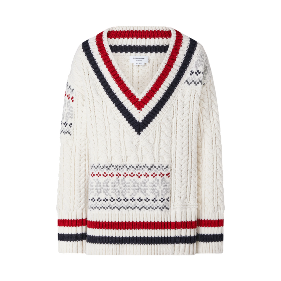 MKA596A-Y1005-100 Thom Browne Merino Wool Fair Isle Cricket Pullover White