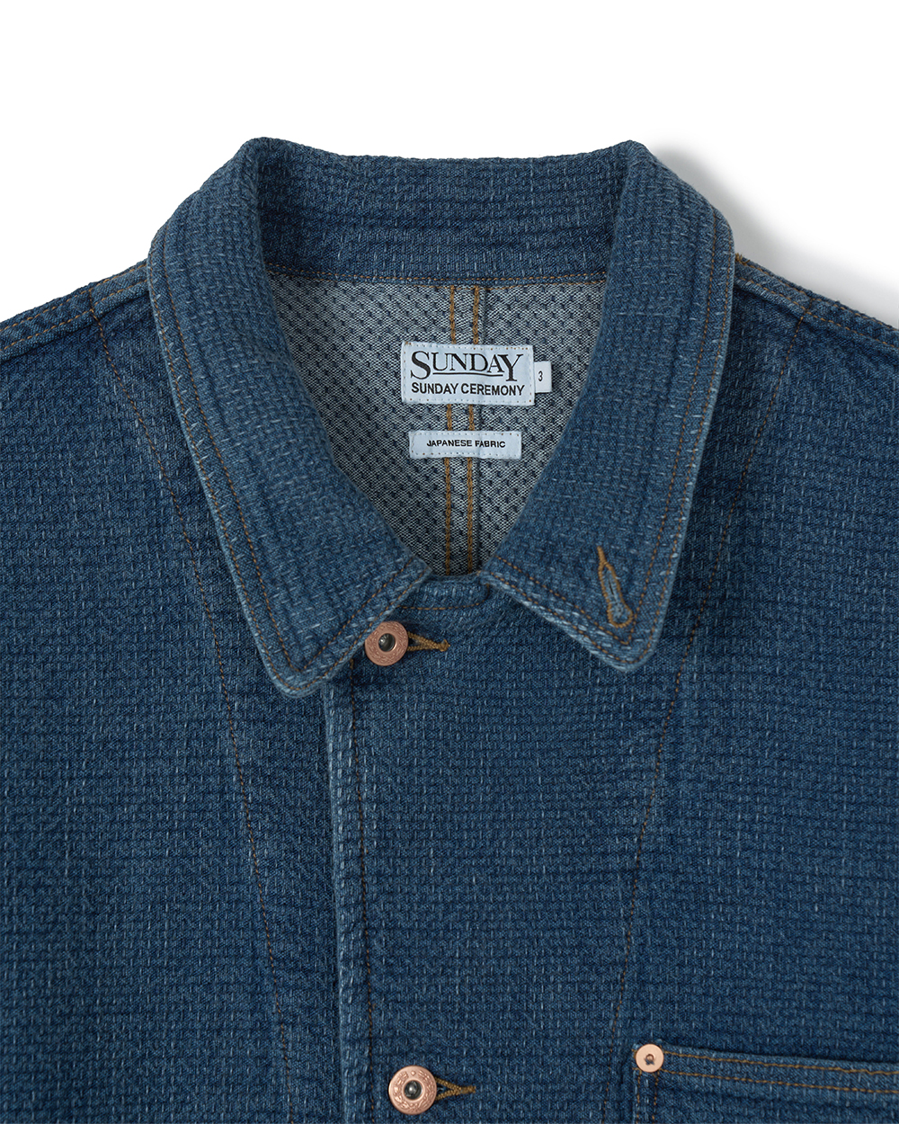 선데이세레머니 재패니즈 사시코 데님 커버올 자켓 - 미드 블루(Sunday Ceremony Japanese Sashiko Denim Coverall Jacket - Mid Blue) - 2