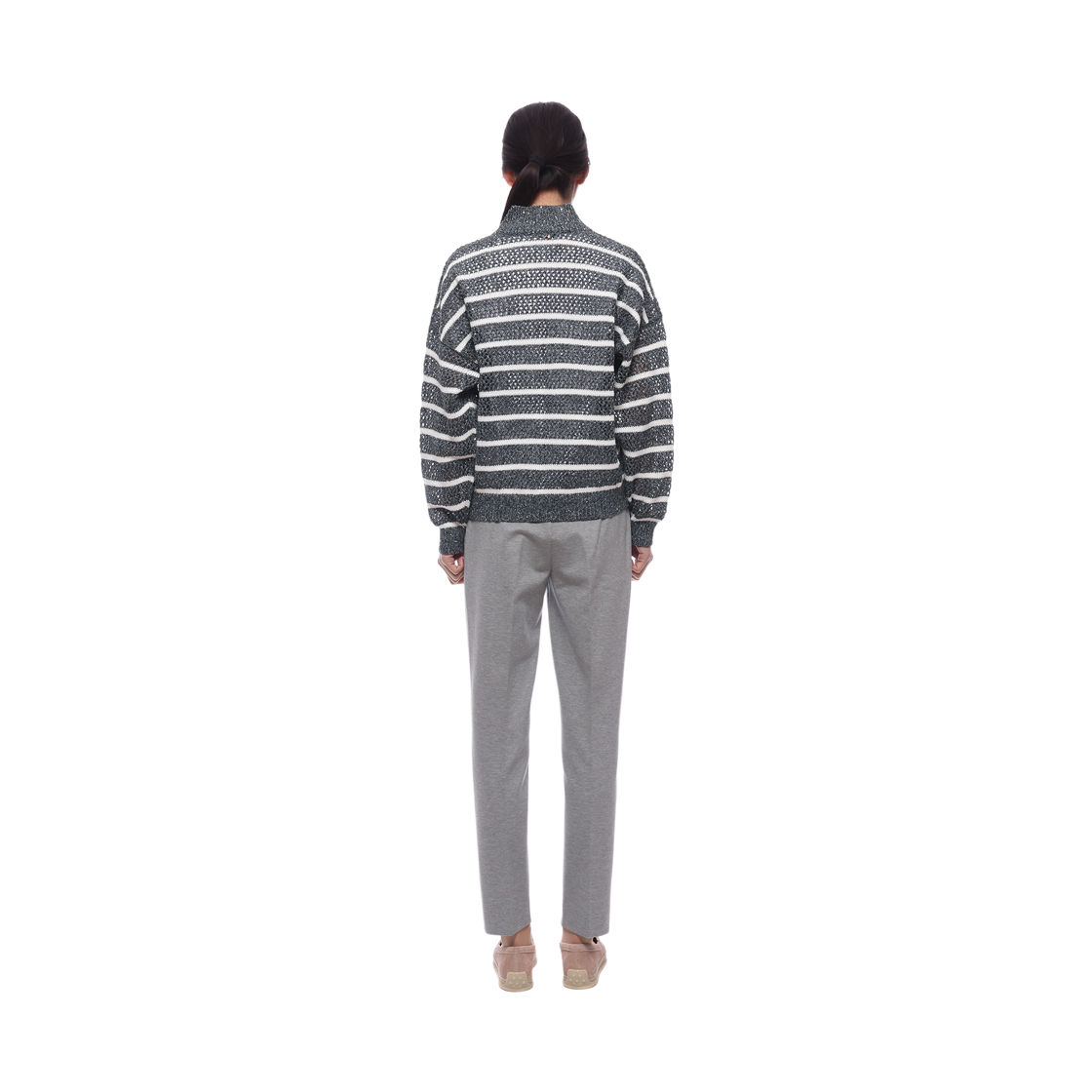 [15% 쿠폰] (W) 브루넬로 쿠치넬리 린넨 다즐링 스트라이프 네트 가디건 그레이([15% 쿠폰] (W) Brunello Cucinelli Linen Dazzling Striped Net Cardigan Grey) - 5