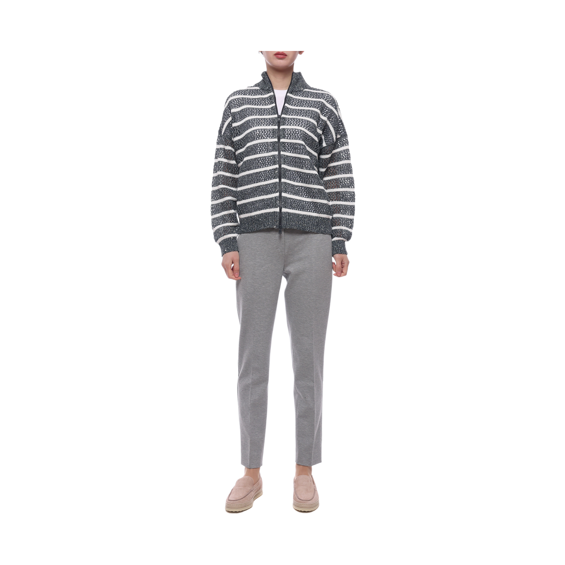 [15% 쿠폰] (W) 브루넬로 쿠치넬리 린넨 다즐링 스트라이프 네트 가디건 그레이([15% 쿠폰] (W) Brunello Cucinelli Linen Dazzling Striped Net Cardigan Grey) - 3