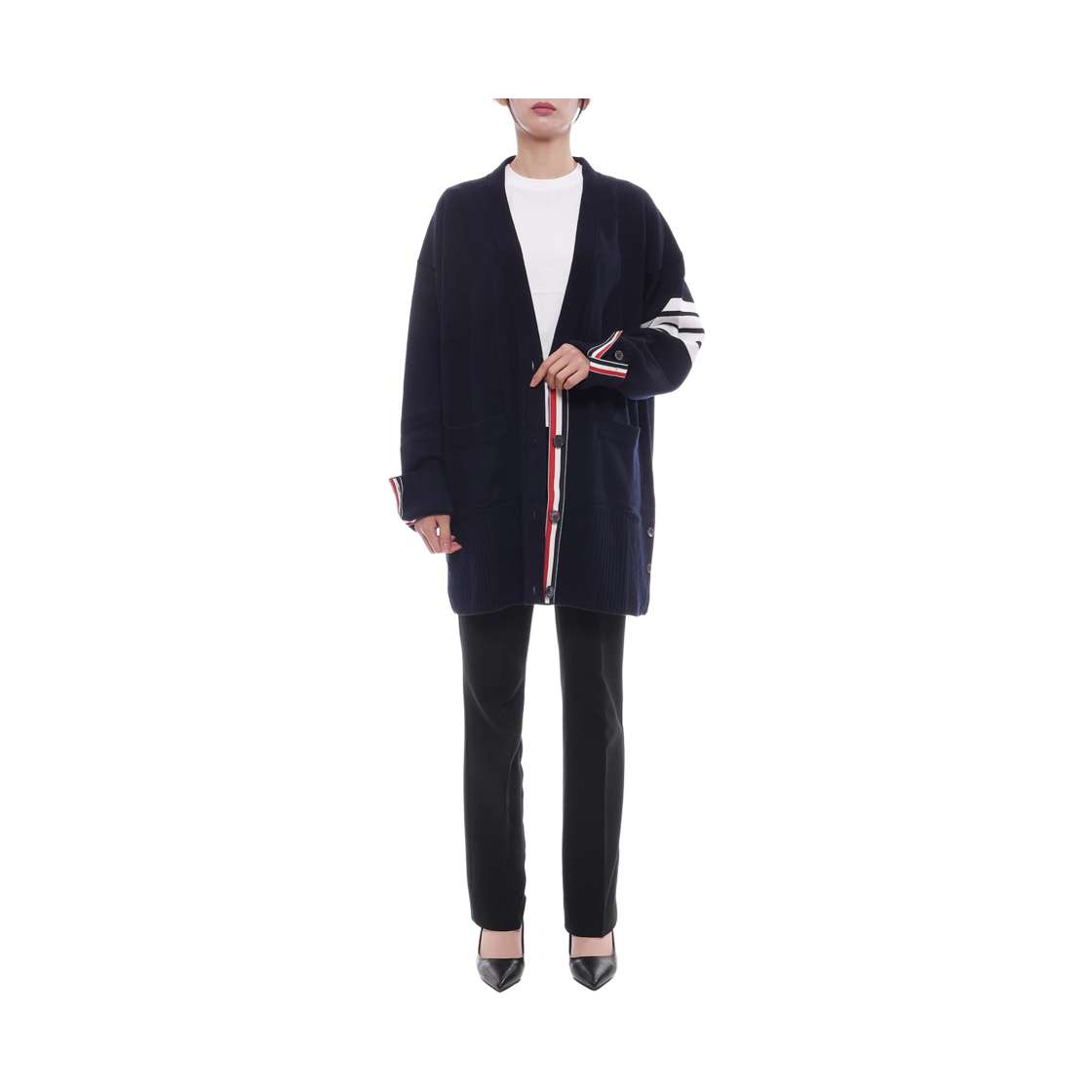 [15% 쿠폰] (W) 톰브라운 파인 메리노 울 사선 이그재저레이트 핏 브이넥 가디건 네이비([15% 쿠폰] (W) Thom Browne Fine Merino Wool 4-Bar Exaggerated Fit V-Neck Cardigan Navy) - 3