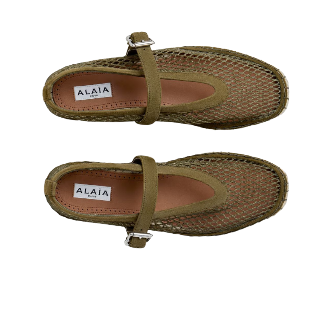 (W) 알라이아 피쉬넷 앤 페이턴트 스웨이드 에스파드리유 카키((W) Alaia Espadrilles in Fishnet and Patent Suede Khaki) - 2