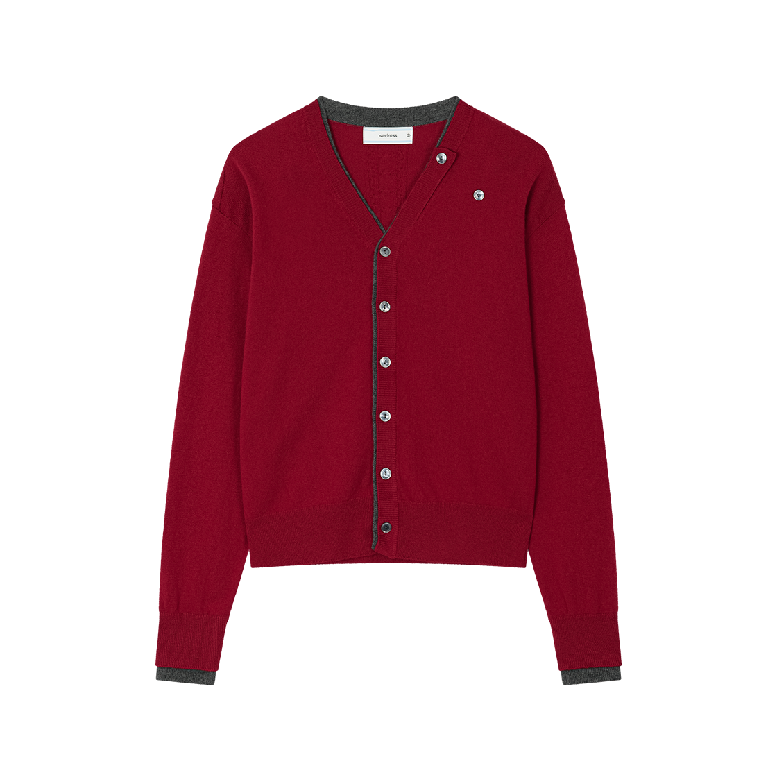 WVNS26328 Waviness Layered Button V-Neck Cardigan Burgundy Charcoal