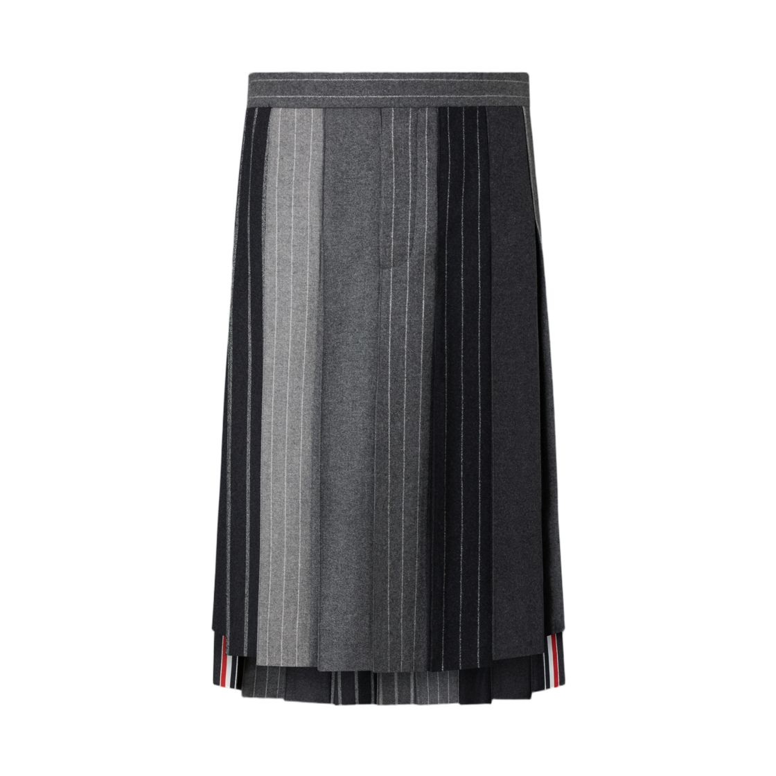 MGC179C-F1311-035 Thom Browne Flannel Banker Stripe Pleated Skirt Med Grey