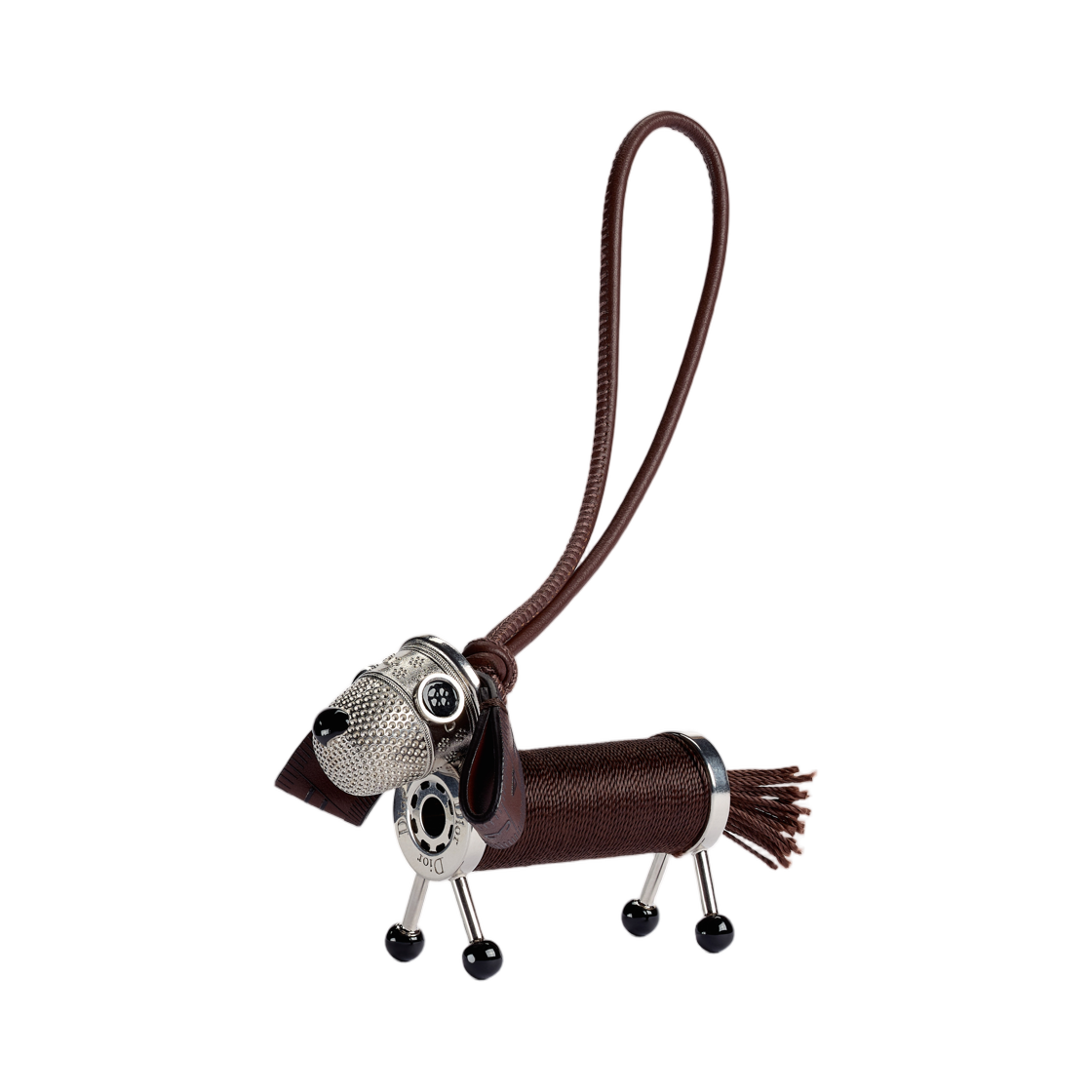2ESKH759AAX-H742 Dior Creatures Couture Dachshund Bag Charm Brass Calfskin & Technical Fabric Thread Antique Silver Brown