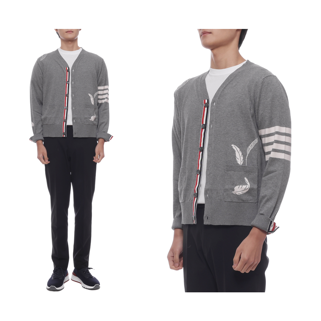 [15% 쿠폰] 톰브라운 페더 인타르시아 사선 가디건 라이트 그레이([15% 쿠폰] Thom Browne Feather Intarsia 4-Bar Cardigan Light Grey) - 2