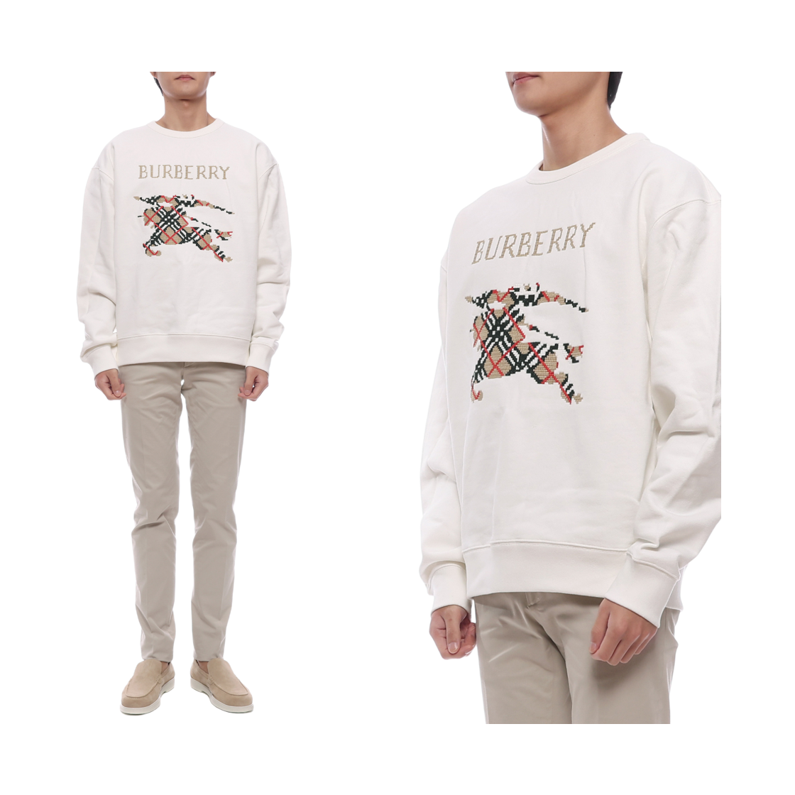 [15% 쿠폰] 버버리 릴렉스드 핏 크로스 스티치 EKD 코튼 스웨트셔츠 초크 화이트([15% 쿠폰] Burberry Relaxed Fit Cross Stitch EKD Cotton Sweatshirt Chalk White) - 2