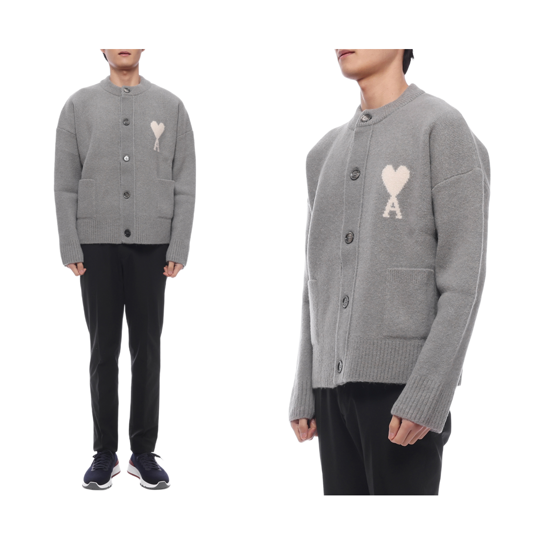 [15% 쿠폰] 아미 빅 하트 로고 알파카 니트 가디건 그레이 오프 화이트([15% 쿠폰] AMI de Coeur Cardigan in Alpaca Knit Grey Off White) - 2