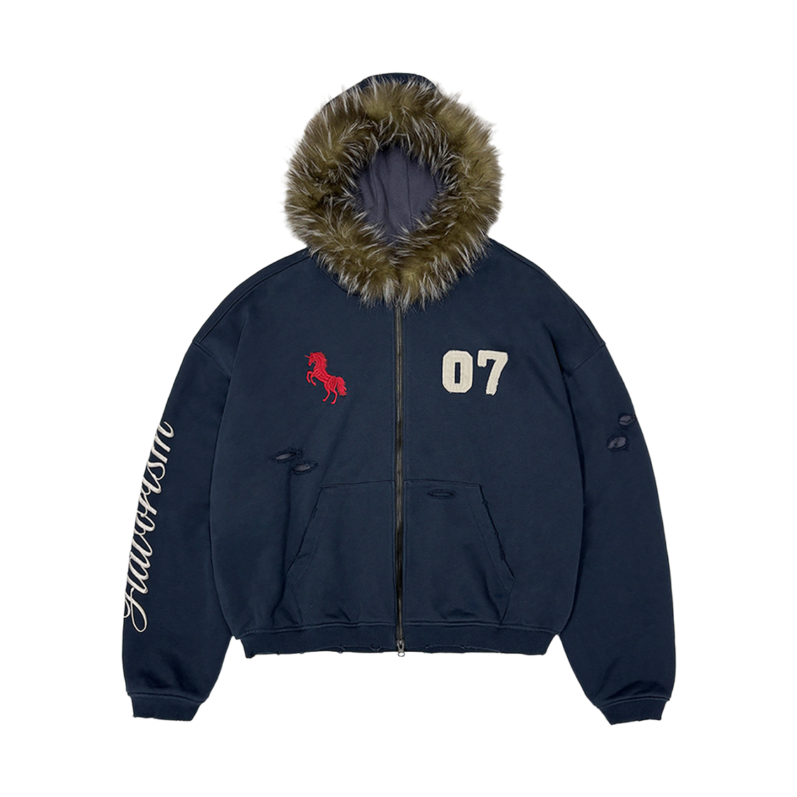 TO0030-1 Flavorism Red Horse Waffle Lining Zip Hoodie Navy