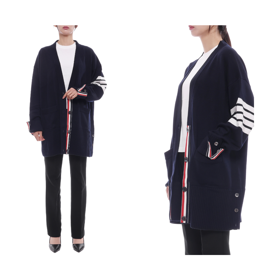 [15% 쿠폰] (W) 톰브라운 파인 메리노 울 사선 이그재저레이트 핏 브이넥 가디건 네이비([15% 쿠폰] (W) Thom Browne Fine Merino Wool 4-Bar Exaggerated Fit V-Neck Cardigan Navy) - 2