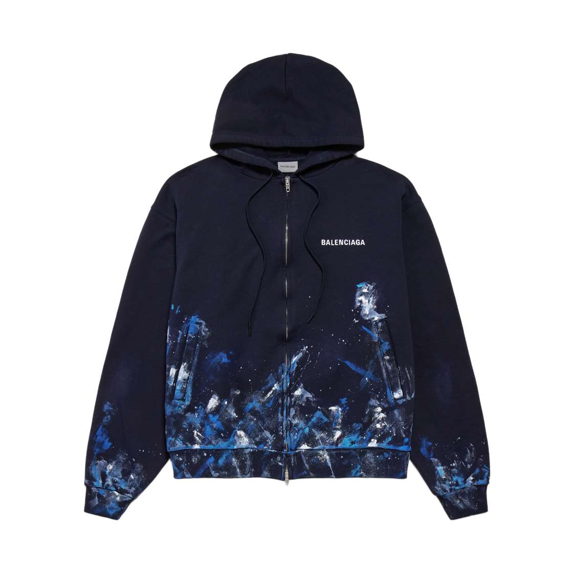 850338TUVJ68065 Balenciaga Paint Splatter Oversized Zip-Up Hoodie Navy