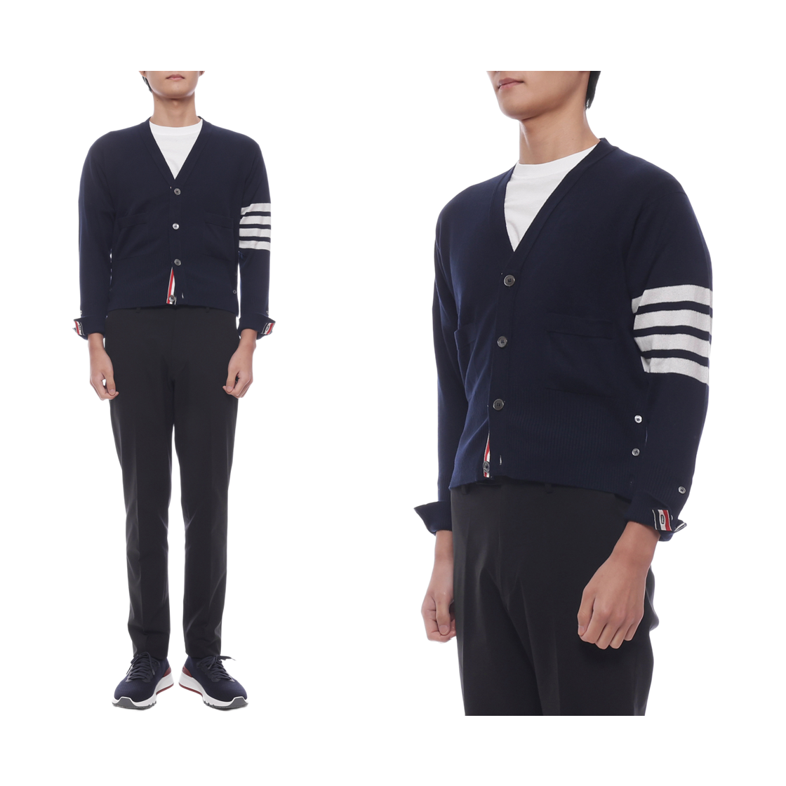 [15% 쿠폰] 톰브라운 캐시미어 사선 숏 브이넥 가디건 네이비([15% 쿠폰] Thom Browne Cashmere 4-Bar Short V-Neck Cardigan Navy) - 2