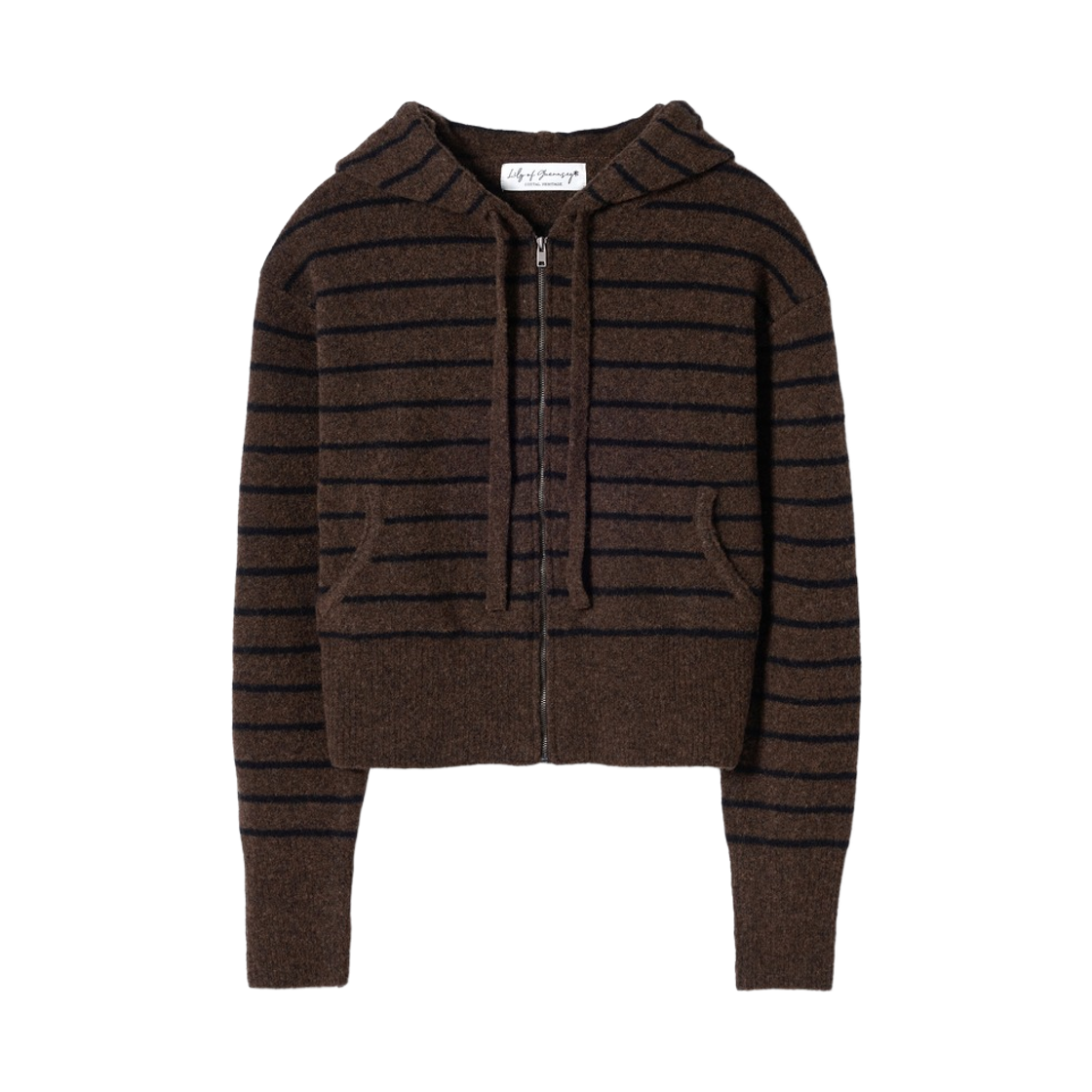 LY26CCD01-br Lily of Guernsey Stripe Hooded Knit Zip Up Brown