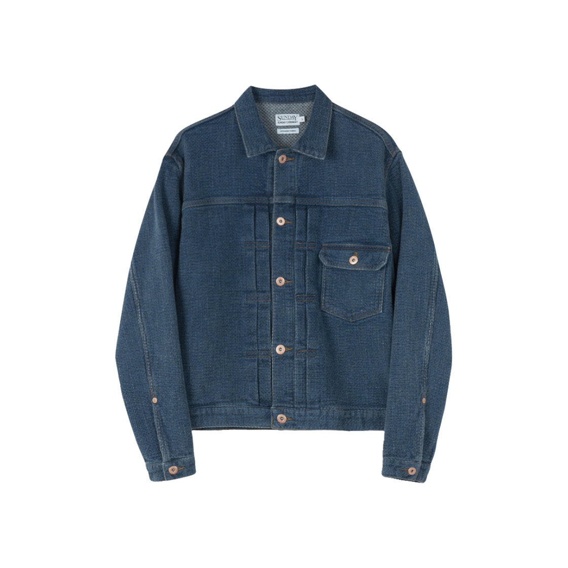 SC-2640 Sunday Ceremony Japanese Sashiko Denim Type-1 Trucker Jacket - Mid Blue