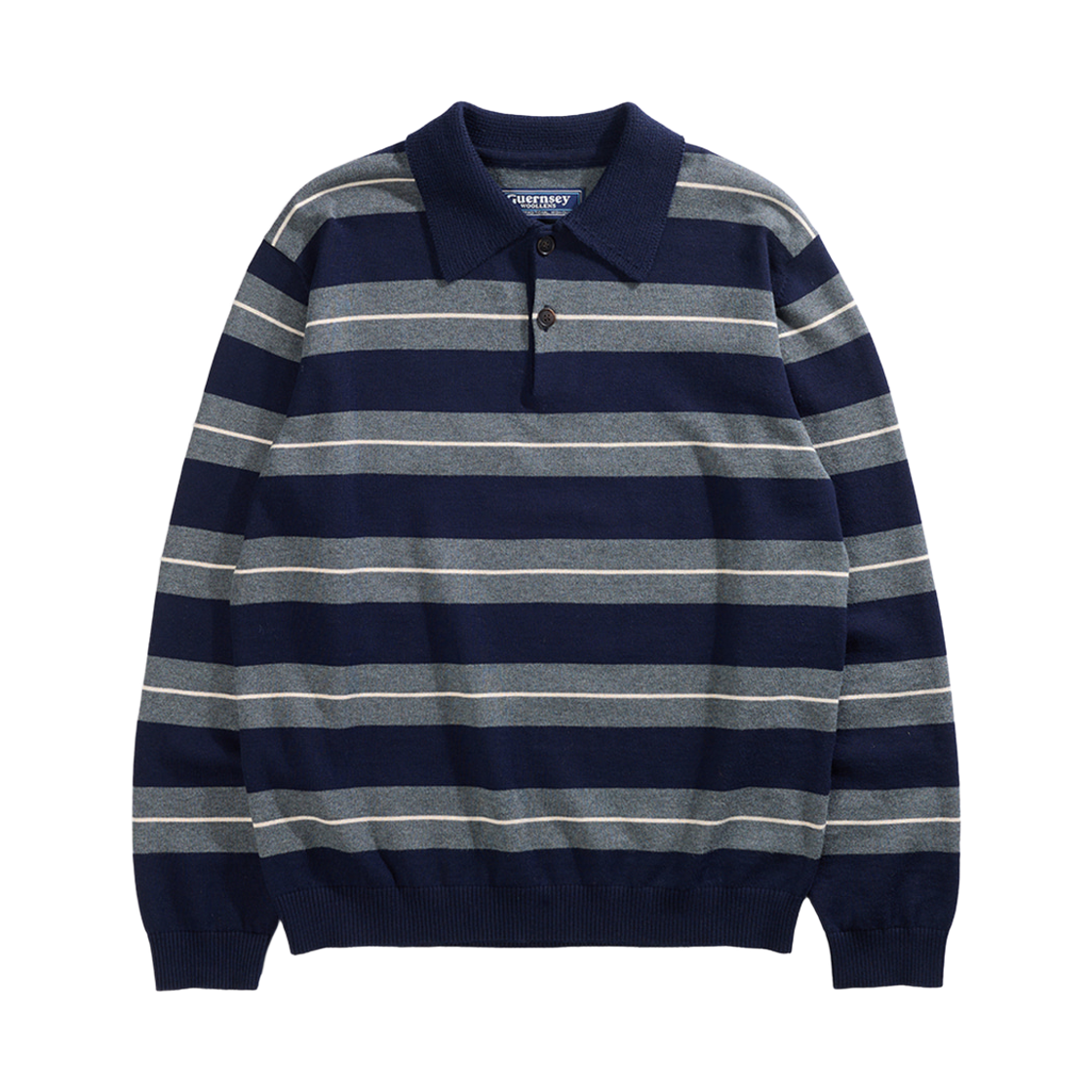 GW26AKN02-NV Guernsey Woollens Cashmere Blend Stripe Polo Knit Navy