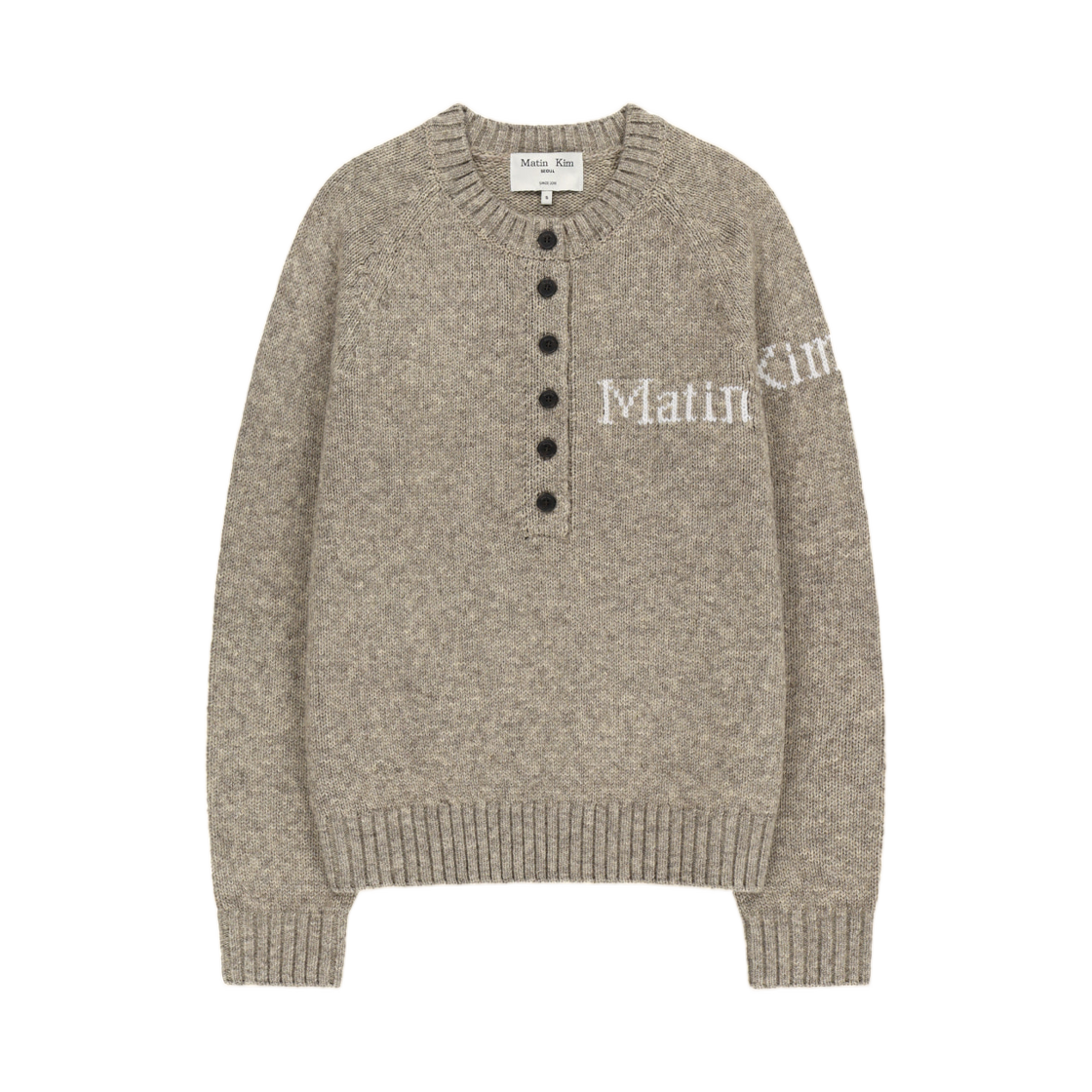 MK2600PO329MBE Matin Kim Button Point Henley Neck Logo Knit Top In Beige