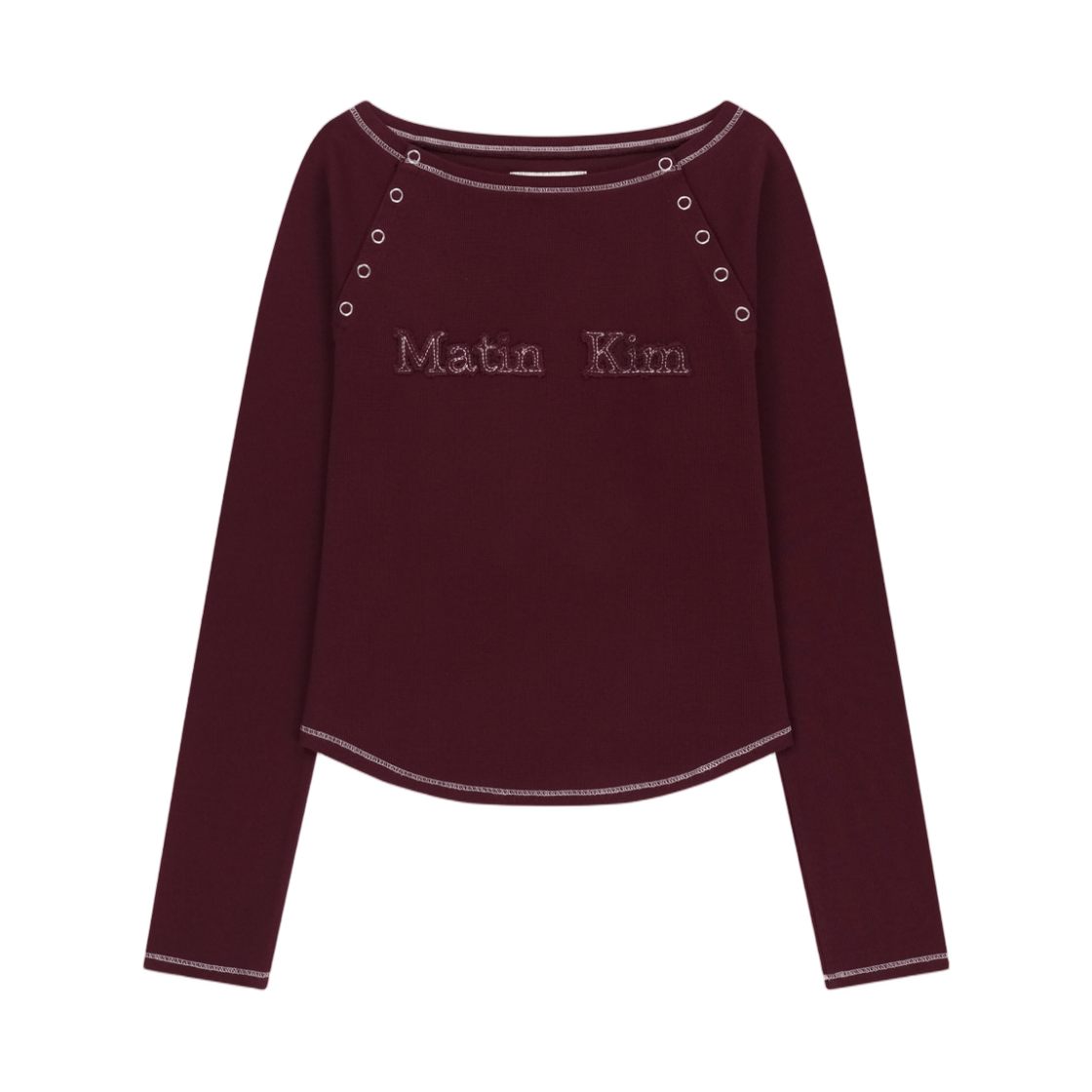 MK269OTS073MWN (W) Matin Kim Logo Applique Button Detail Raglan Top In Wine