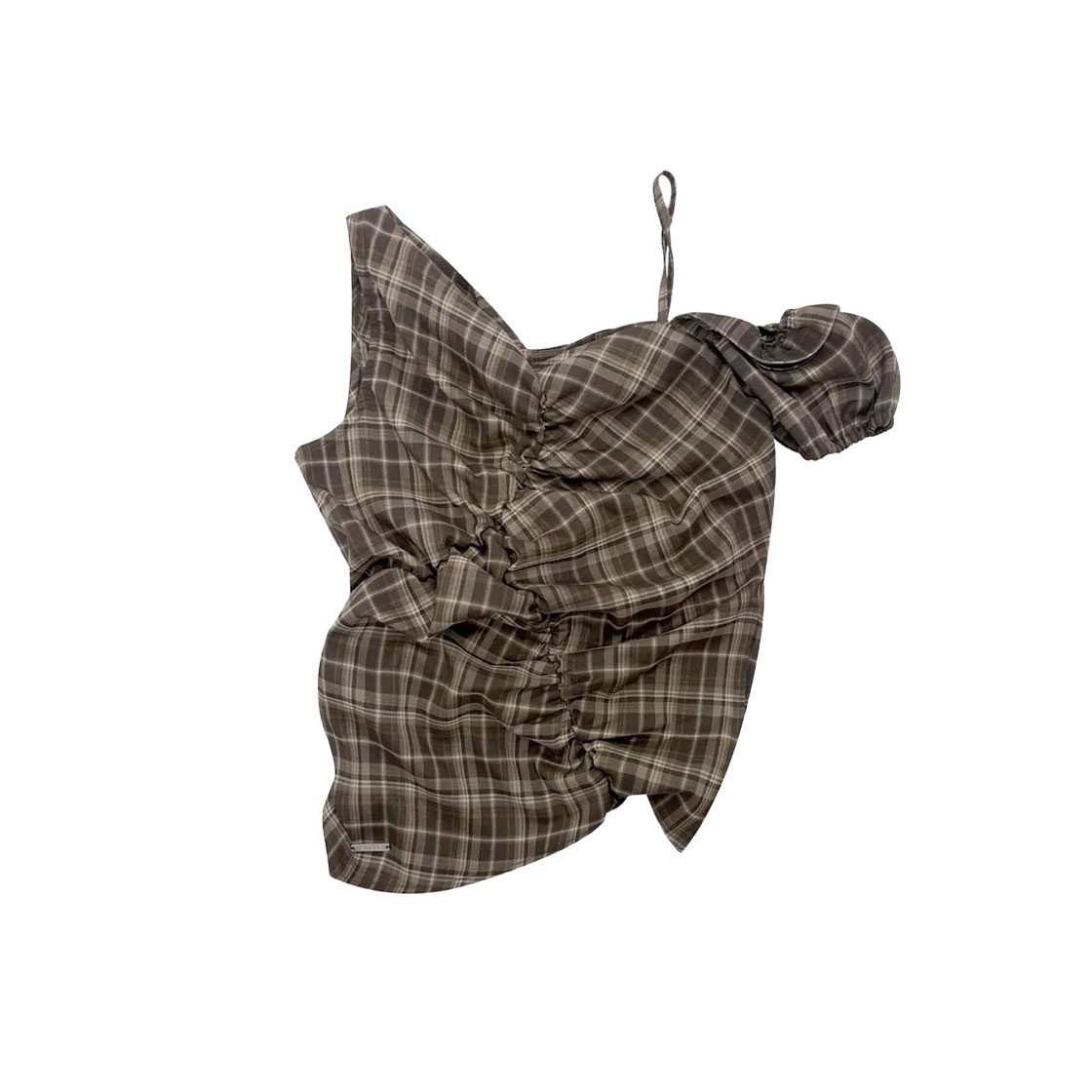 7BT2EB32WOB000 Holy Number 7 One-Shoulder Shirring Blouse_Check Brown