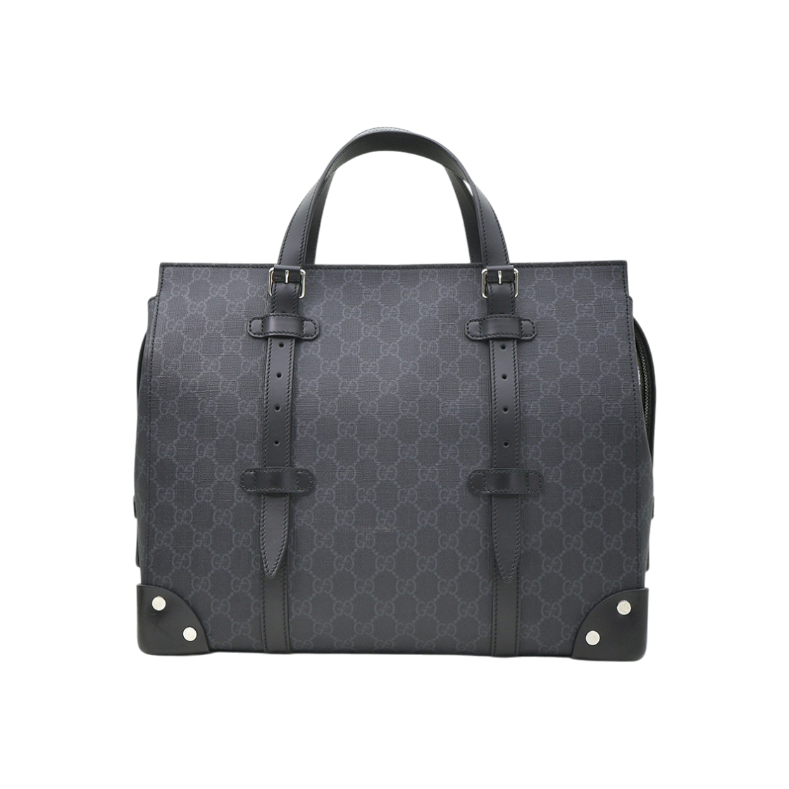 IT8DW4BVF9IV Gucci GG Supreme Canvas Black Leather Trunk Tote Bag