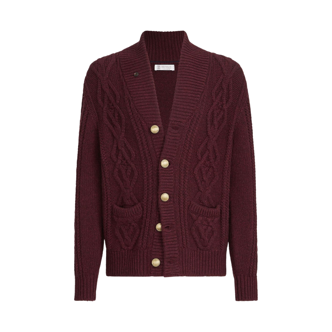 MA2301006-C9763 Brunello Cucinelli Cashmere Feather Yarn Cable Knit Cardigan Burgundy