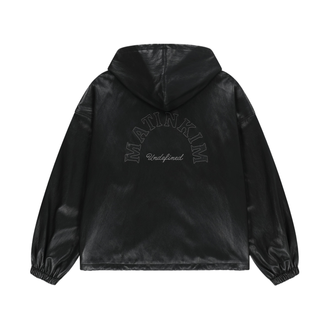 마뗑킴 포우 레더 아플리케 로고 후디 점퍼 블랙(Matin Kim Faux Leather Applique Logo Hoody Jumper In Black) - 2