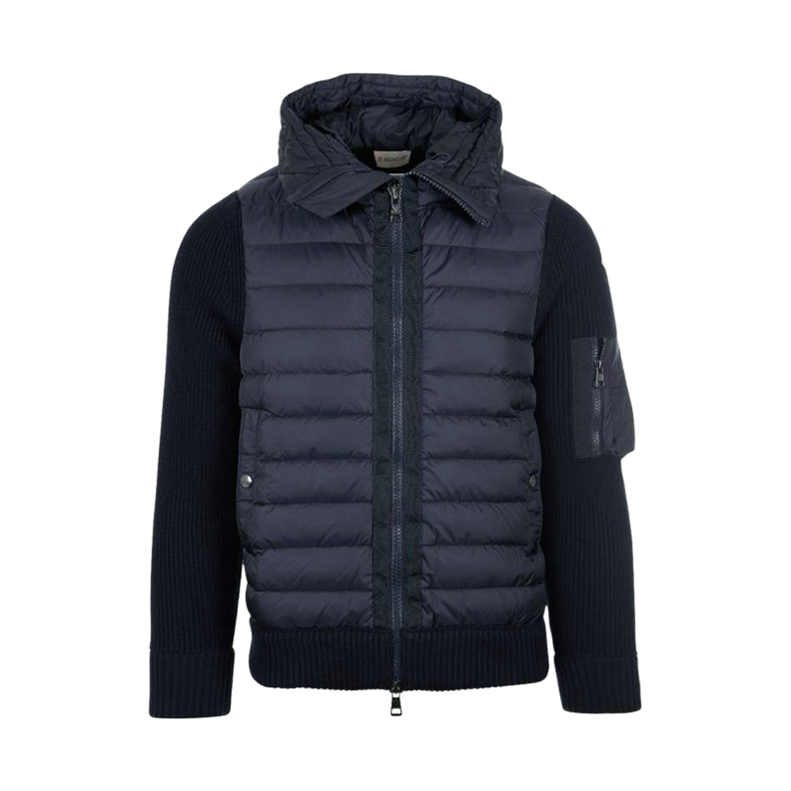 9B508 00 A9340 777 [15% 쿠폰] Moncler Logo Patch Knit Mix Down Jacket Navy - 26FW