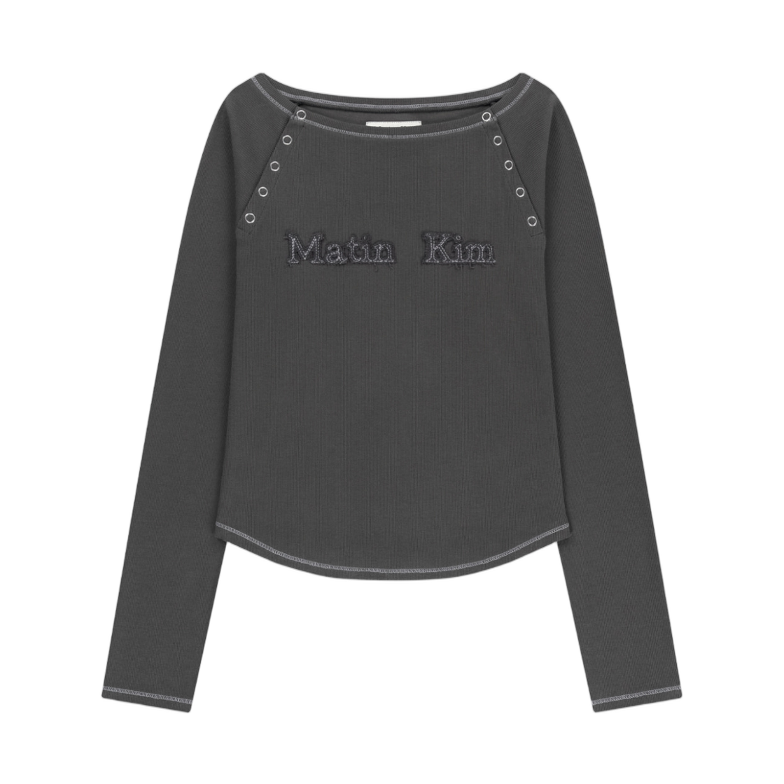 MK269OTS073MCH (W) Matin Kim Logo Applique Button Detail Raglan Top In Charcoal