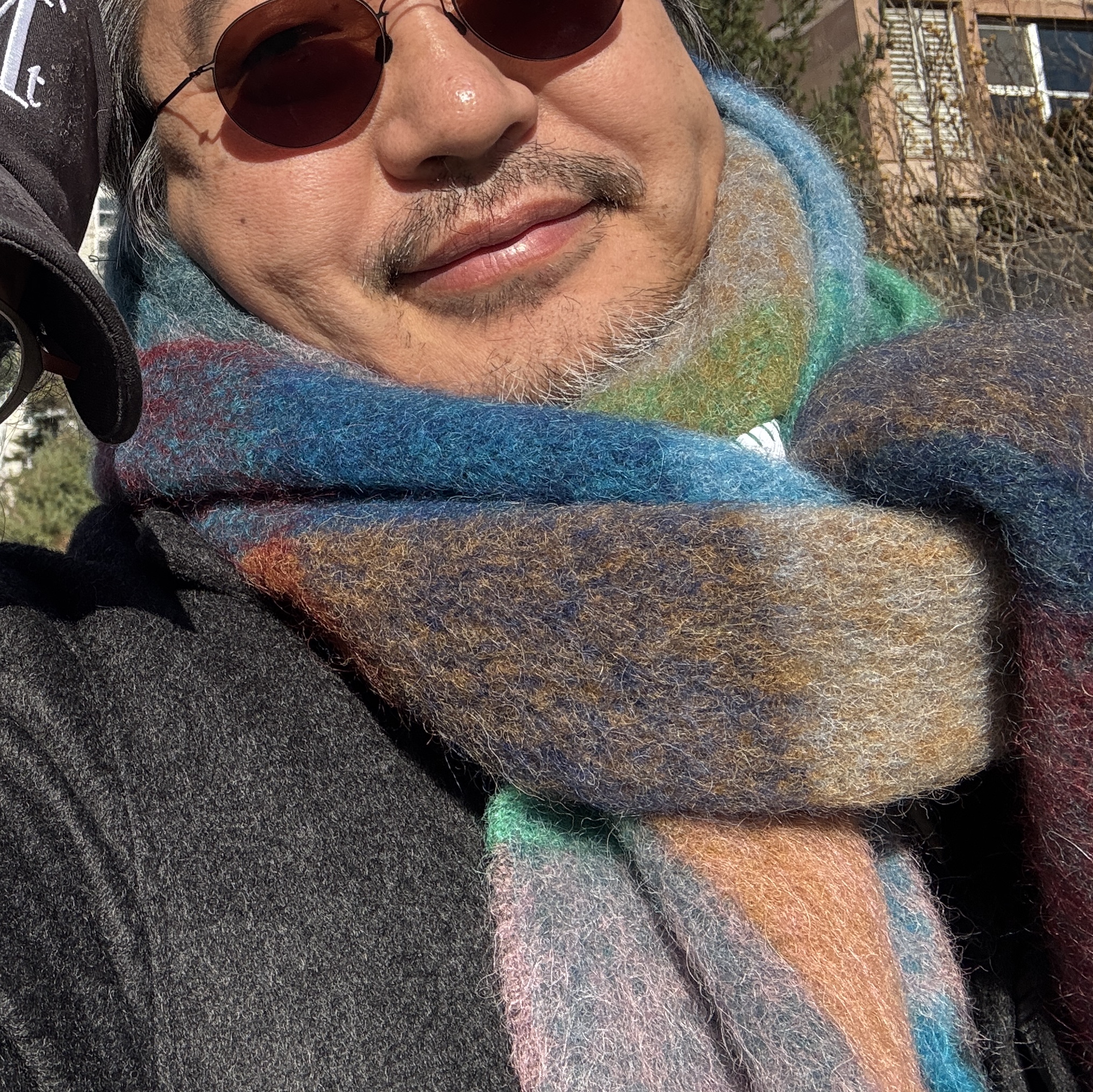 Acne Studios Mohair Check Muffler Turquoise Camel Blue 착용 스타일