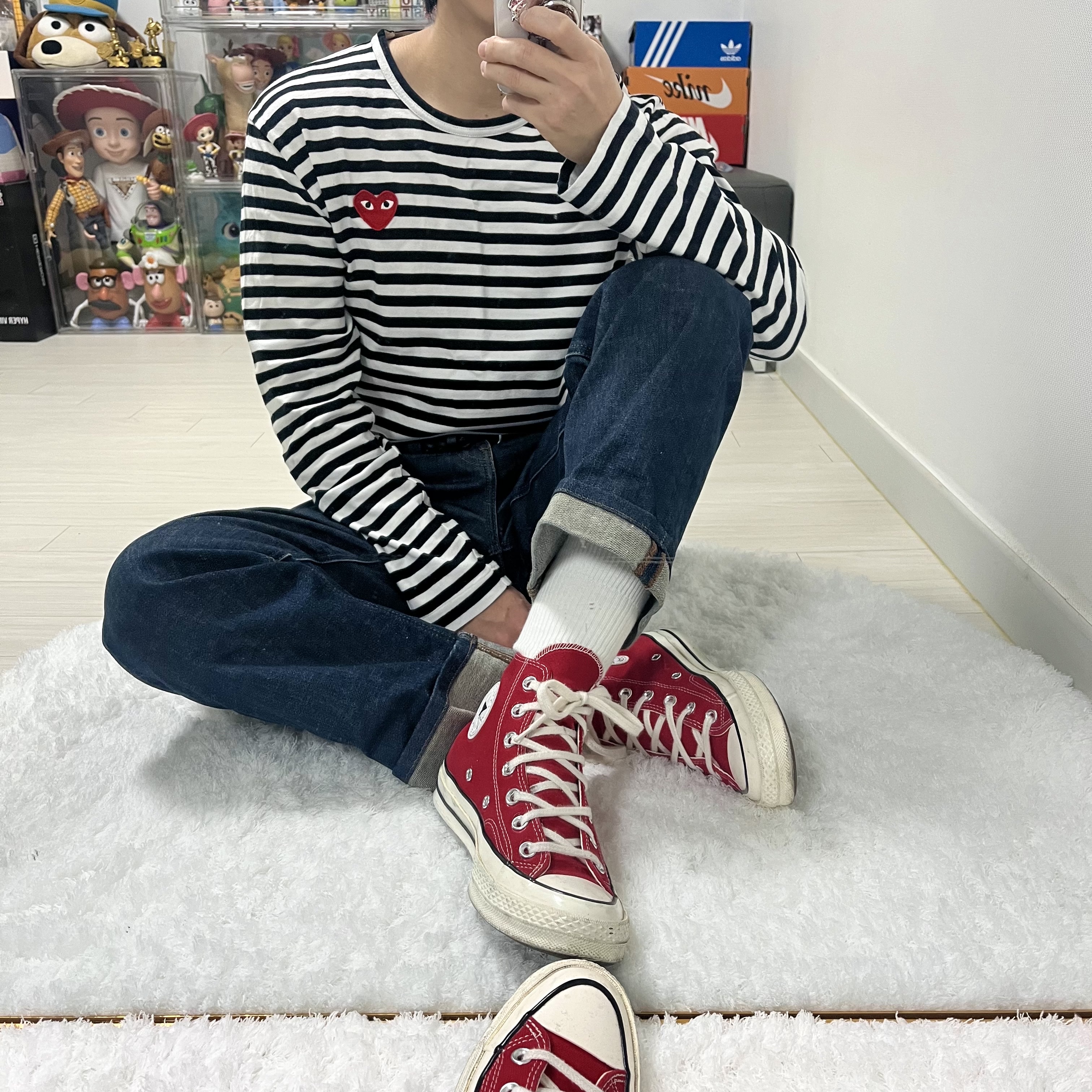 [30% 적립] Polo Ralph Lauren Cable Knit Cotton Sweater Red - 24FW, Converse Chuck 70 High Enamel Red 착용 스타일 - 4