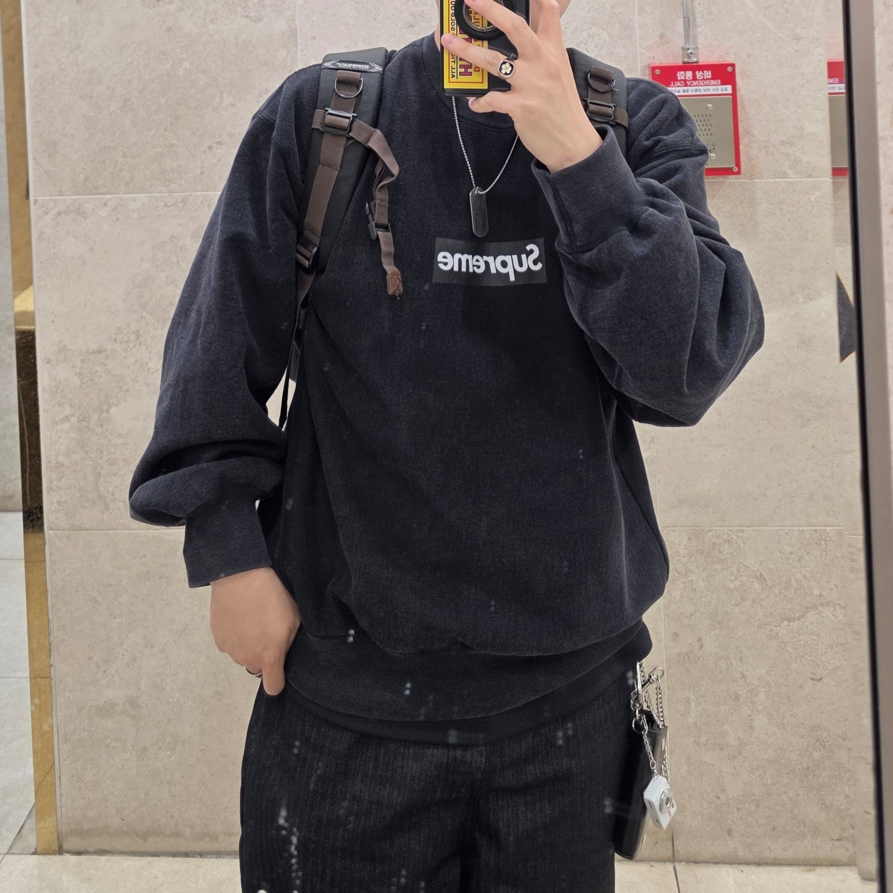 Hysteric Glamour Guitar Girl Ball Chain Necklace Silver, Supreme Washed Box Logo Crewneck Black - 25SS 착용 스타일