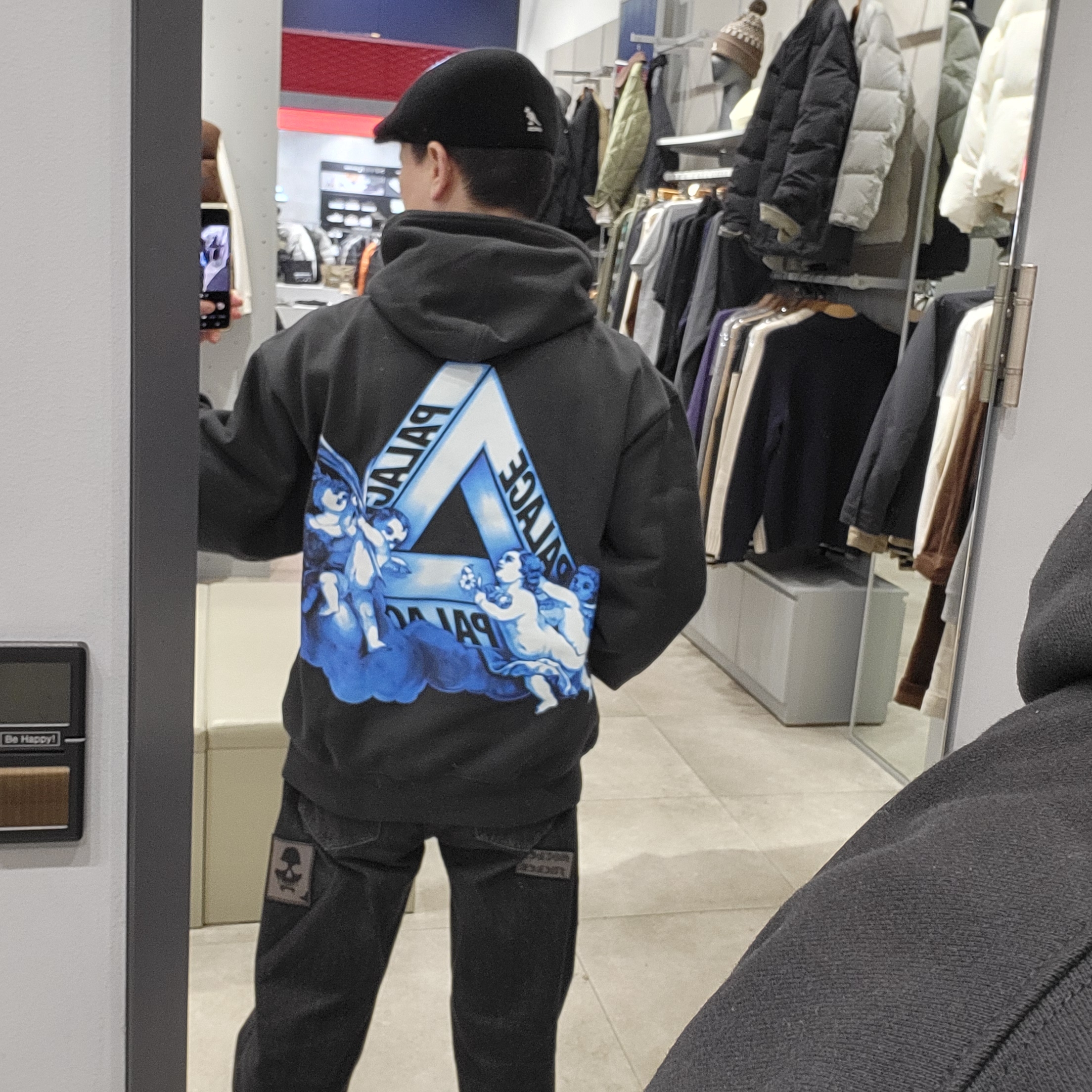 Palace Tri-Angelic Hood Skyline Black - 25FW, Supreme x Number (N)ine Patches Loose Fit Selvedge Jean Black - 25FW 착용 스타일