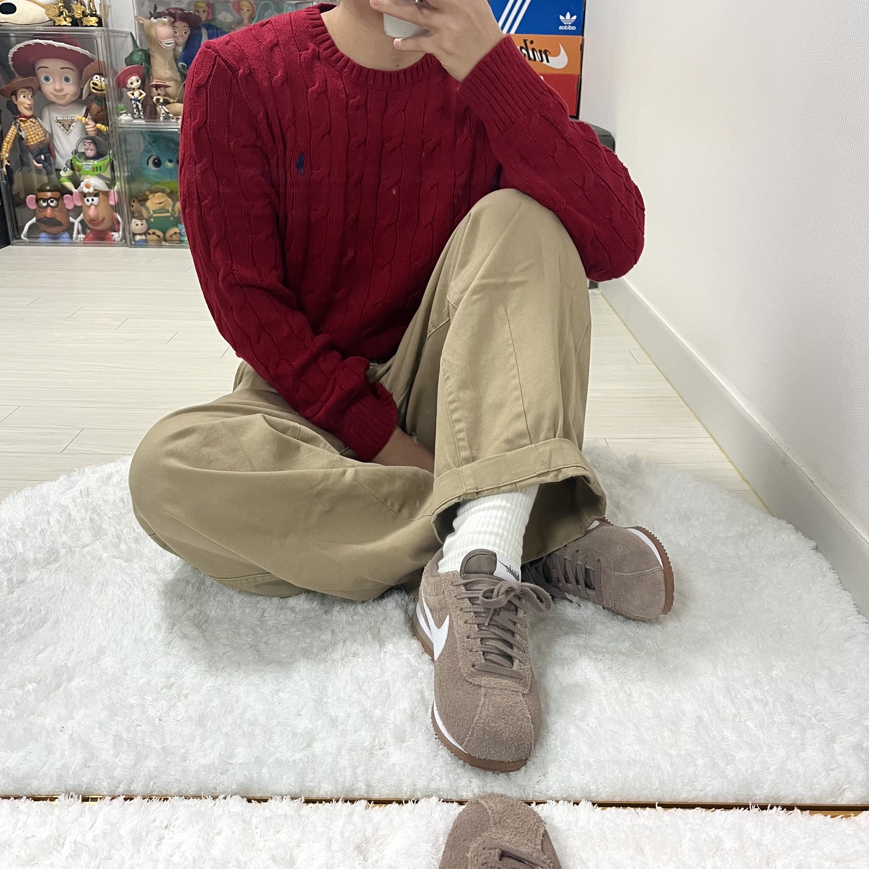 [30% 적립] Polo Ralph Lauren Cable Knit Cotton Sweater Red - 24FW, Converse Chuck 70 High Enamel Red 착용 스타일 - 2