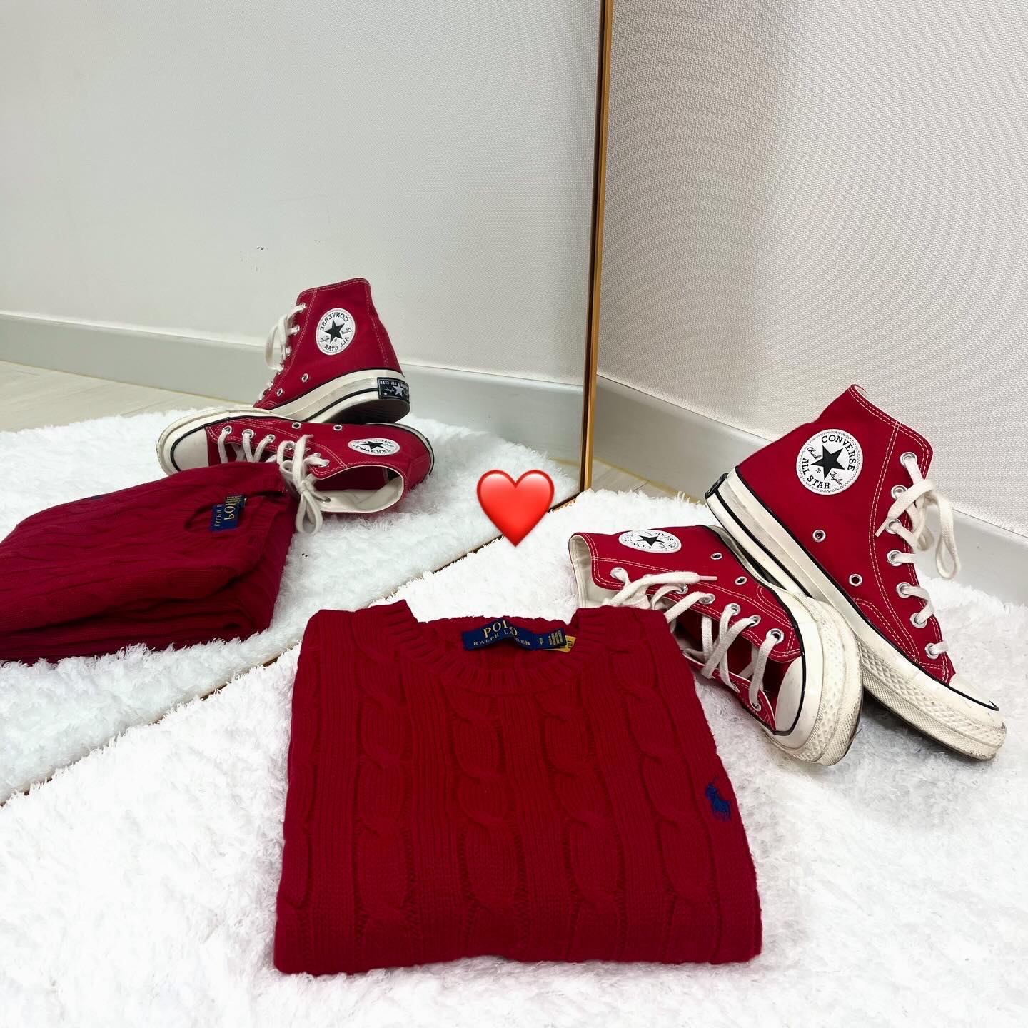 [30% 적립] Polo Ralph Lauren Cable Knit Cotton Sweater Red - 24FW, Converse Chuck 70 High Enamel Red 착용 스타일 - 1