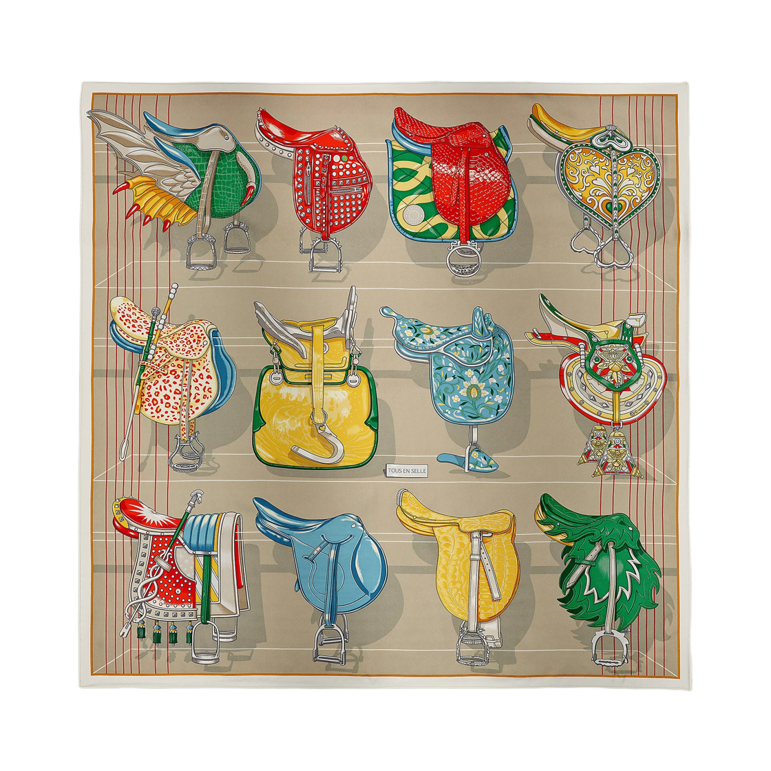 H004204S03 (W) Hermes Tous en Selle Scarf 90 Blanc Gris Multicolore