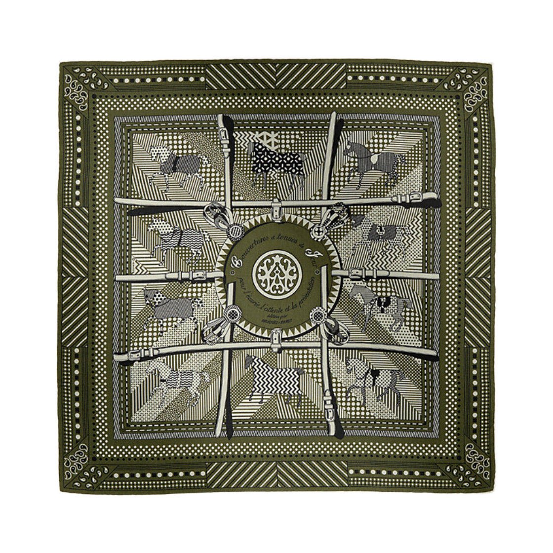 에르메스 쿠베튀르 에 테뉘 드 주르 반다나 스카프 65 카키 블랑 누아(Hermes Couvertures Et Tenues De Jour Bandana Scarf 65 Kaki Blanc Noir) - 1