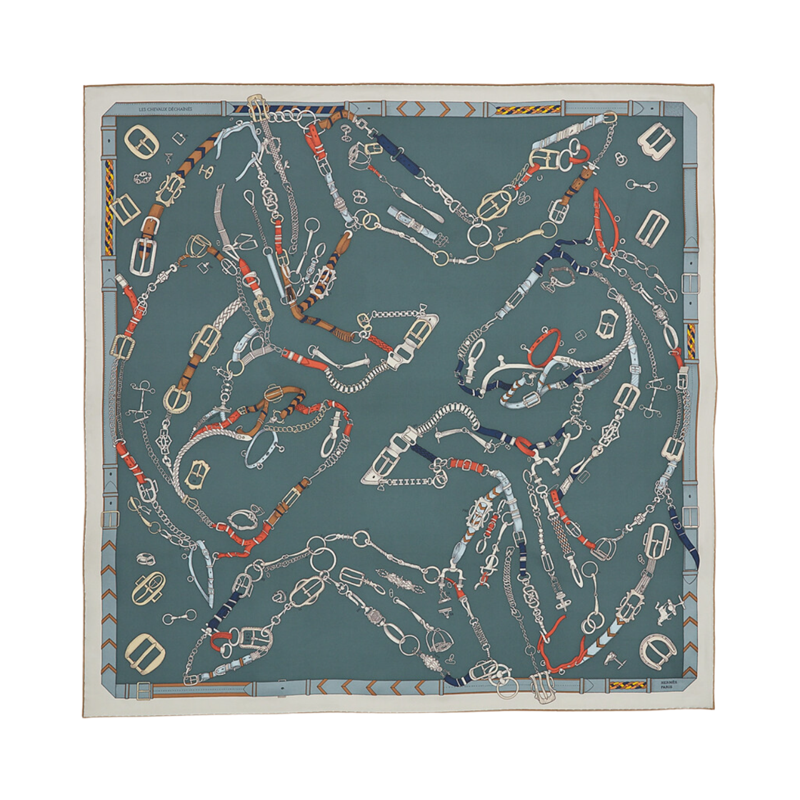 (W) 에르메스 레 슈브 디샨 스카프 90 아르두아즈 끌레어 꼬라이유 그리((W) Hermes Les Chevaux Dechaines Scarf 90 Ardoise Clair Corail Gris) - 1