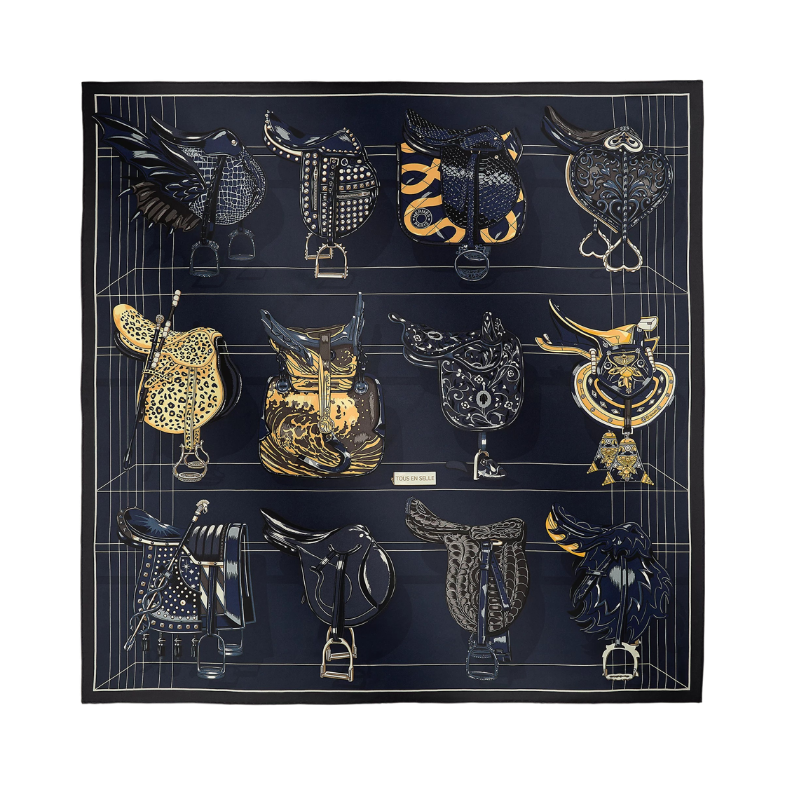 (W) 에르메스 뚜 앙 셀 스카프 90 블루 누아 마린 모르도레((W) Hermes Tous en Selle Scarf 90 Bleu Noir Marine Mordore) - 1