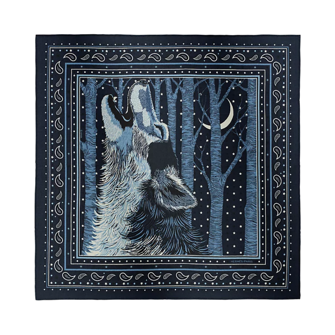 H284278T01 Hermes Awooooo Bandana Scarf 65 Cashmere Silk & Bleu Blanc Noir