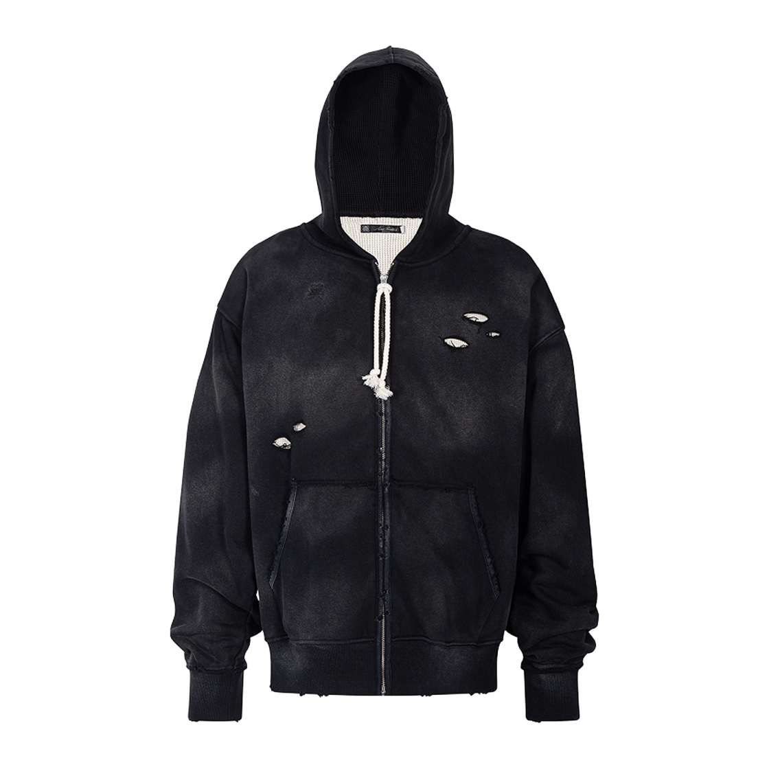 NR013SS03BWB Nine Rarities Washed Frayed Zip Hoodie Washed Black