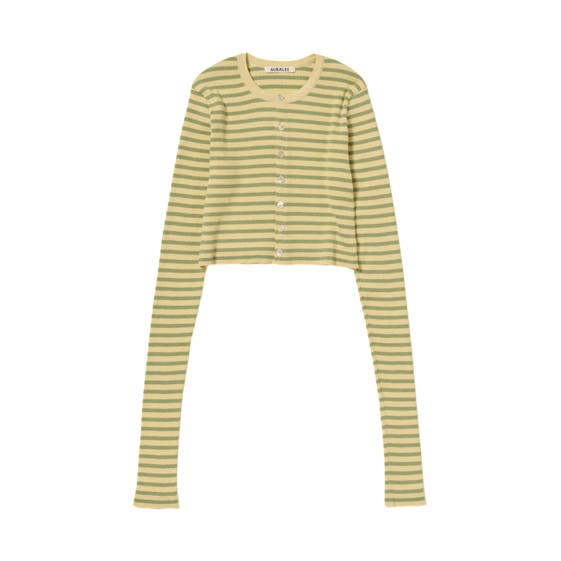 (W) 오라리 코튼 하이 게이지 립 니트 크롭 크루넥 가디건 라이트 베이지 페일 그린 스트라이프 - 26SS((W) Auralee Cotton High Gauge Rib Knit Cropped Crew Neck Cardigan Light Beige Pale Green Stripe - 26SS) - 1