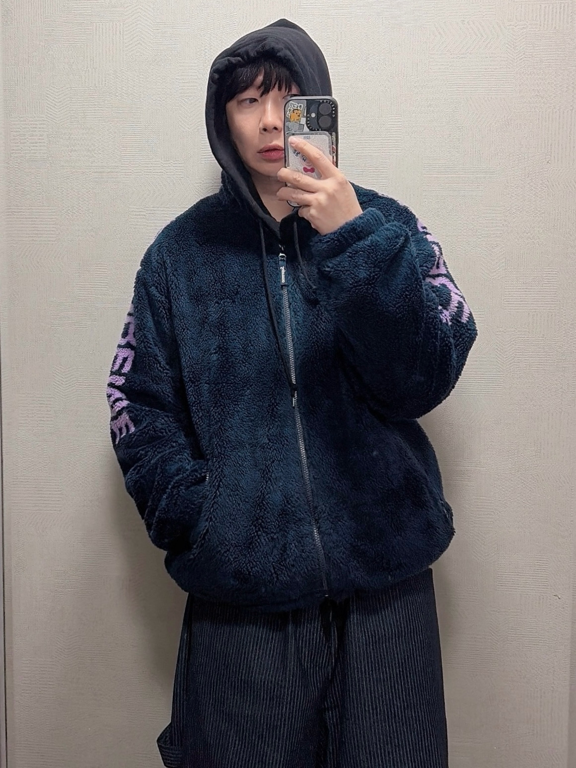Supreme Shoulder Logo Fleece Jacket Navy - 25SS 착용 스타일