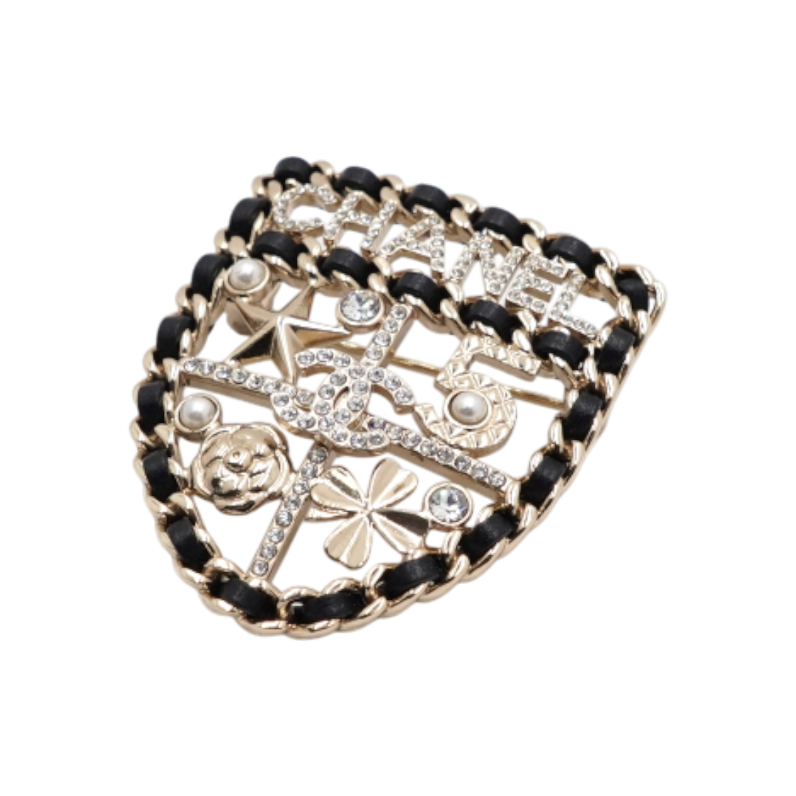 샤넬 AB4702 23시즌 금장 CC로고 크리스탈 펄 체인 방패 브로치 aa59466(Chanel AB4702 2023 Gold CC Logo Crystal Pearl Chain Shield Brooch)