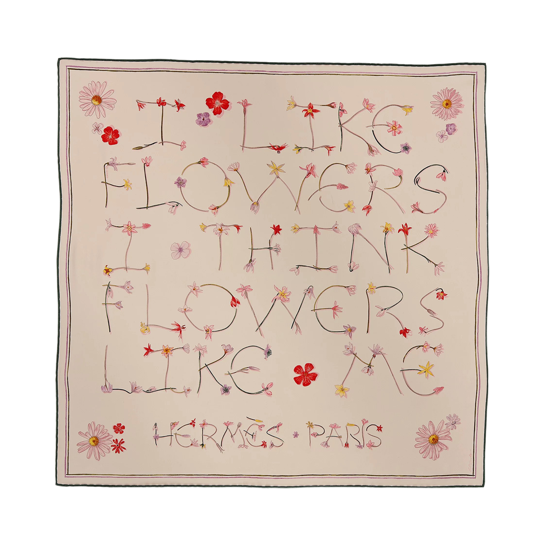 H984167S01 (W) Hermes I Like Flowers Scarf 70 Rose The Kaki Prune