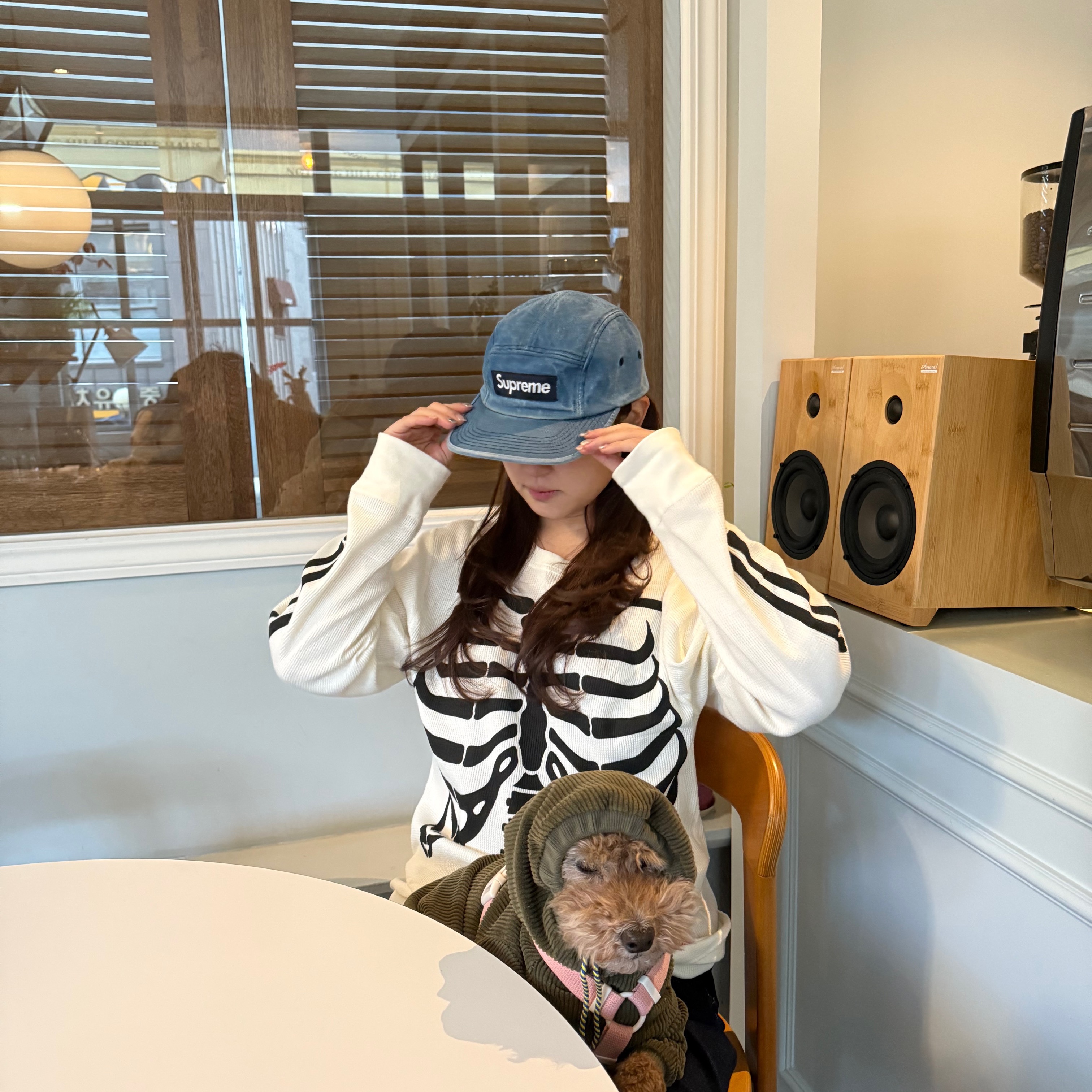 Supreme Hanes Bones Thermal Crew Natural (1 Pack), Supreme Washed Chino Twill Camp Cap Denim - 23FW 착용 스타일