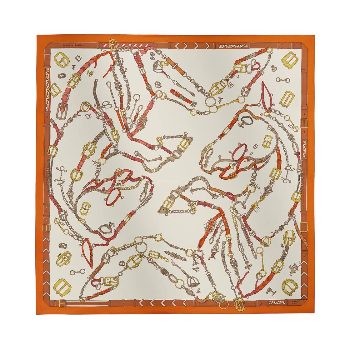 (W) 에르메스 레 슈브 디샨 스카프 90 크렘 오랑쥬 퀴((W) Hermes Les Chevaux Dechaines Scarf 90 Creme Orange Cuit)