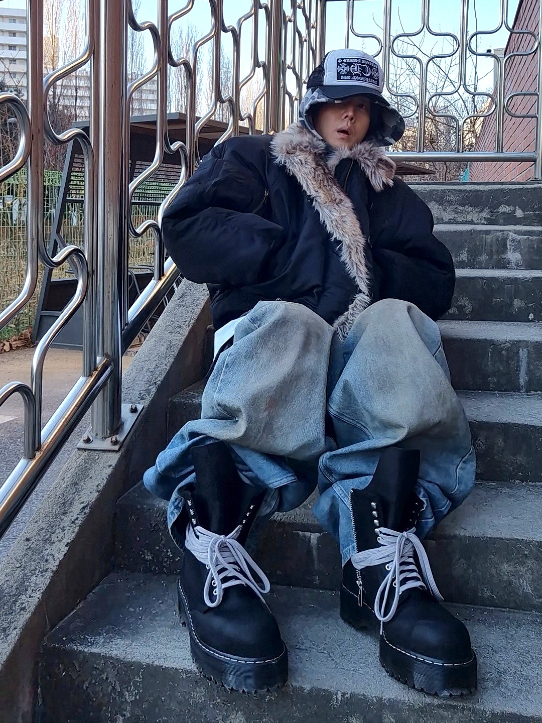 Dr. Martens x Rick Owens Quad Sole Steel Toe Boots Black, Protocol Index Exaggerated Shoulder Fur N2B Jacket Black 착용 스타일