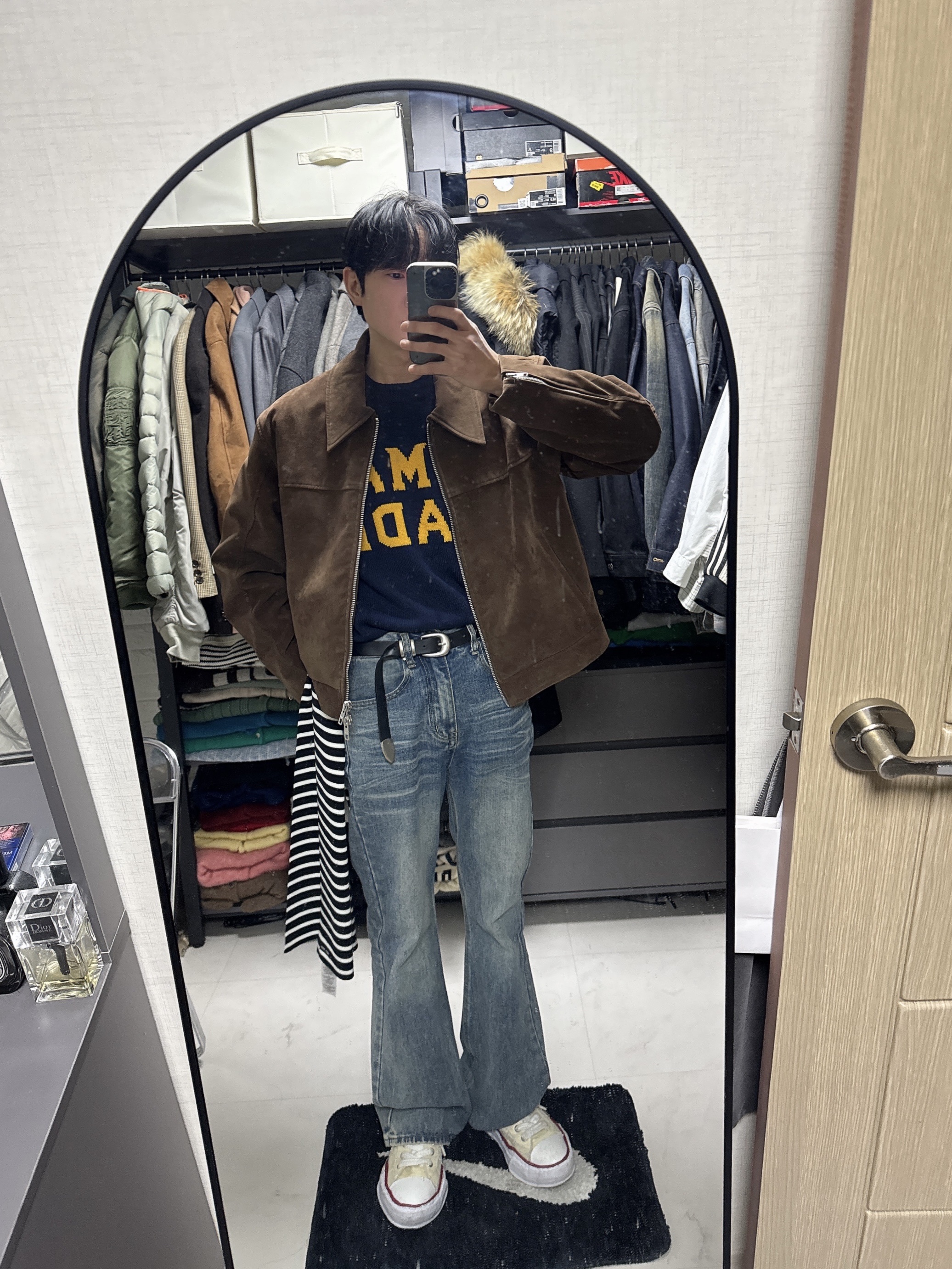 Saint James Duguay R Navy Blanc, Human Made Graphic Sweater Navy 착용 스타일 - 1