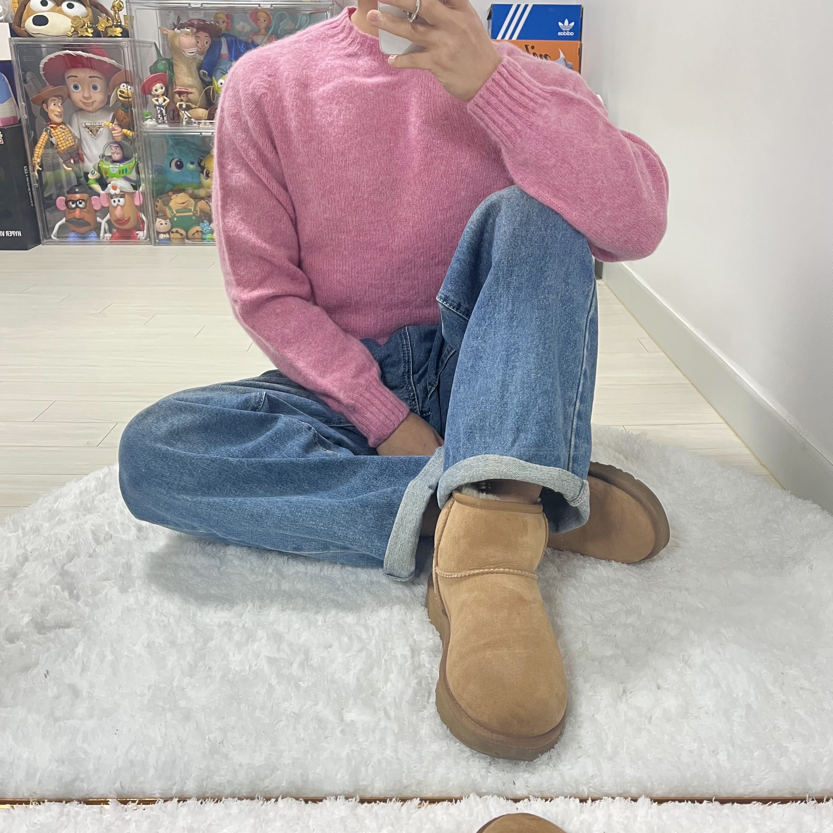Harley of Scotland Shaggy Dog Crewneck Sweater Ballerina, Converse Chuck 70 High Vintage Canvas Pink 착용 스타일 - 2