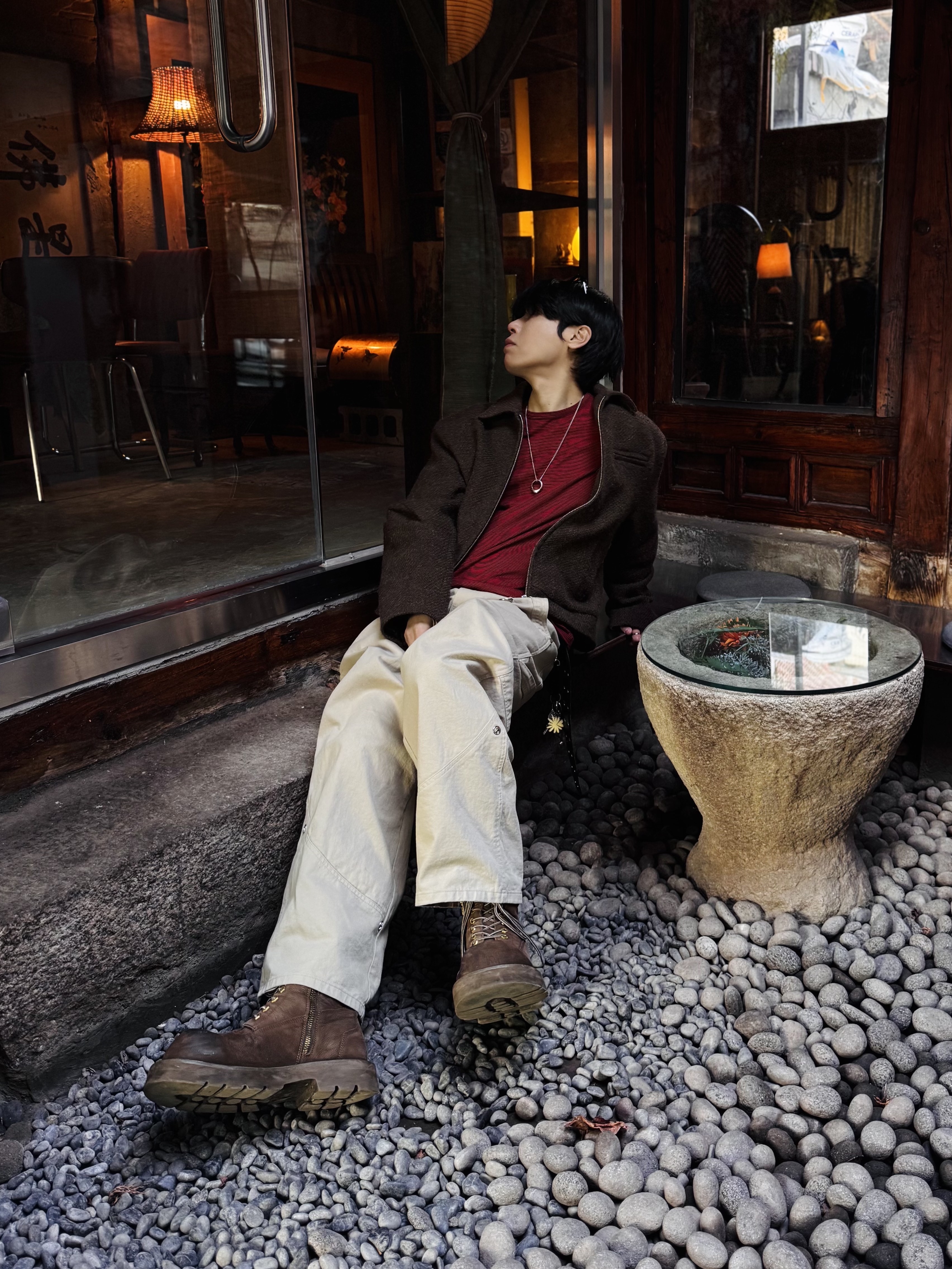 Farfromwhat Far Wool Arm Cutline Jacket, [예약 배송] MJD Stripe Finger Hole Long Sleeve Red 착용 스타일 - 1
